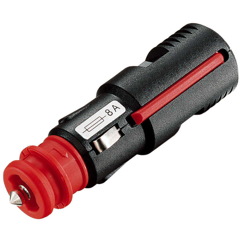 Zweipol-Stecker Universal mit rotem Kunststoffstecker und schwarzem zylindrischem Gehäuse, sichtbarer Metallkontakt und Etikett mit 8 A