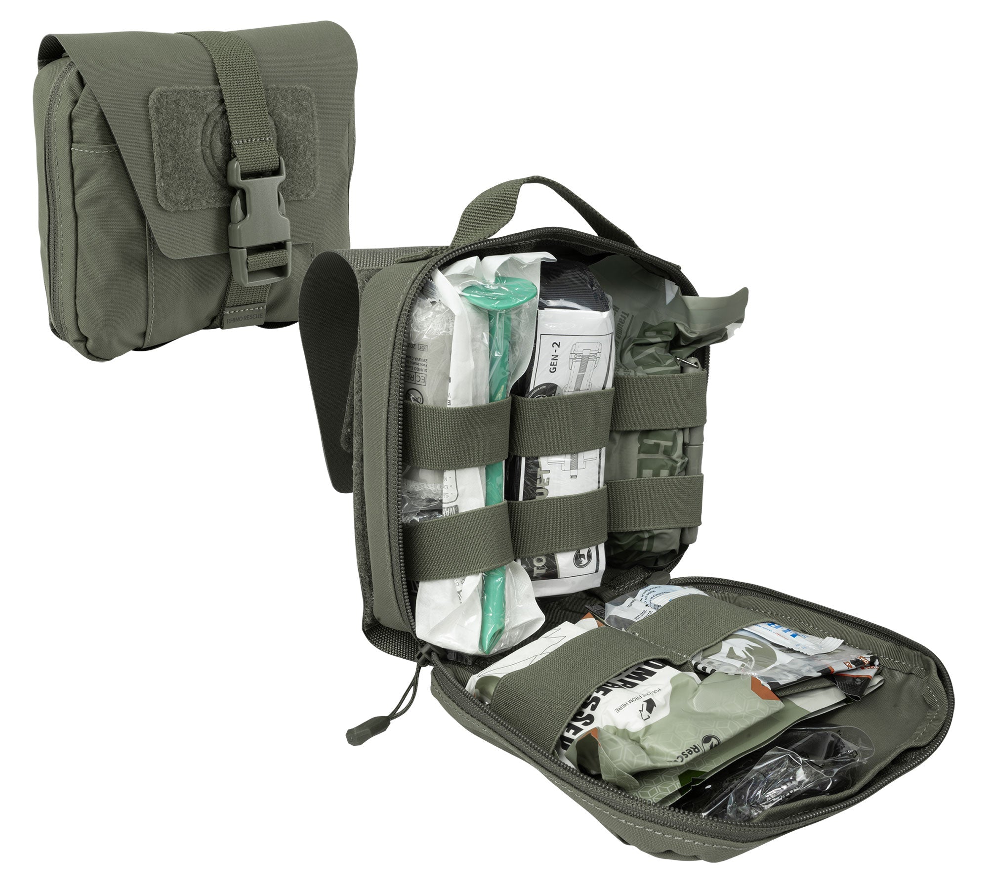 Grünes taktisches Erste-Hilfe-Set mit MOLLE-Befestigung, geöffnet zeigt medizinische Ausrüstung, geschlossen mit.