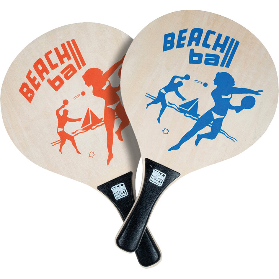Zwei hölzerne Beachball-Schläger überlappen sich, orange und blau bedruckt, mit Silhouetten von Spielern, Beach ball und schwarzen Griffen