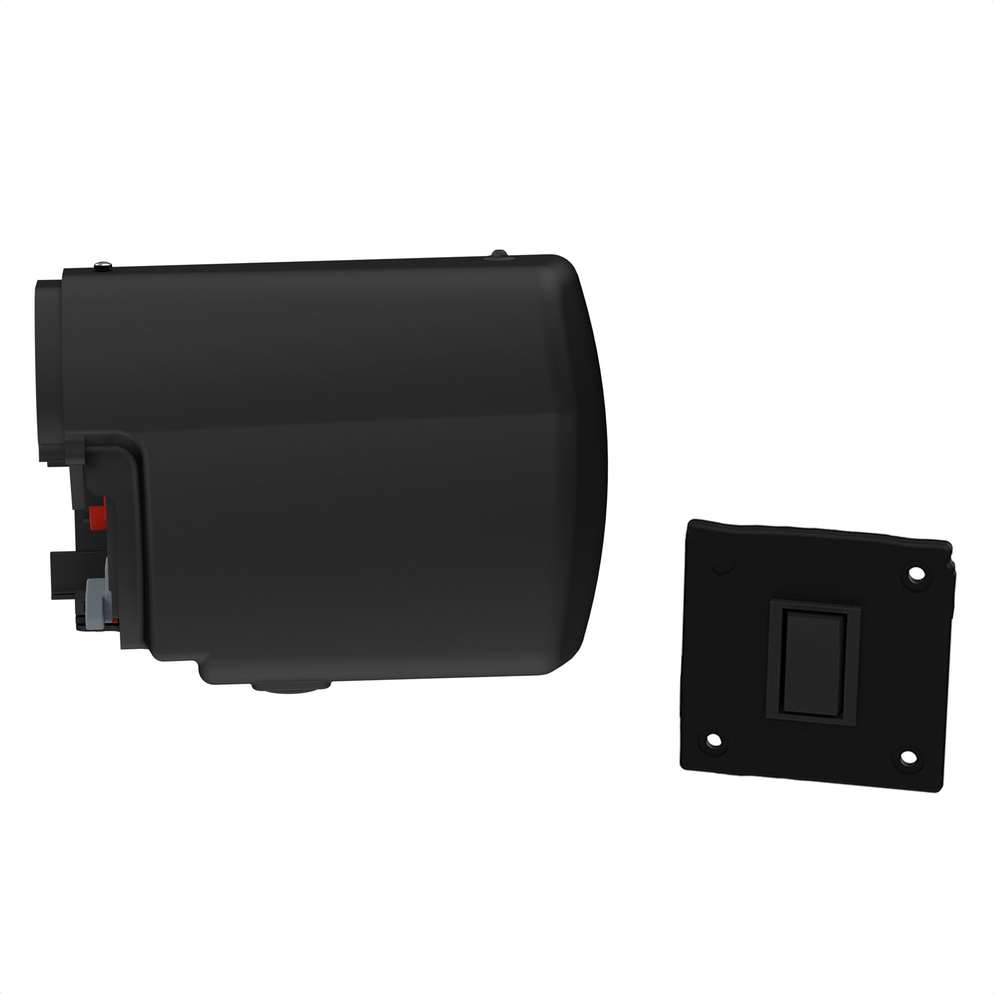 Schwarzes Motor Kit Compact F45L Gehäuse mit abgerundeten Kanten, zwei Abdeckkappen, rechts eine Montageplatte mit vier Bohrungen