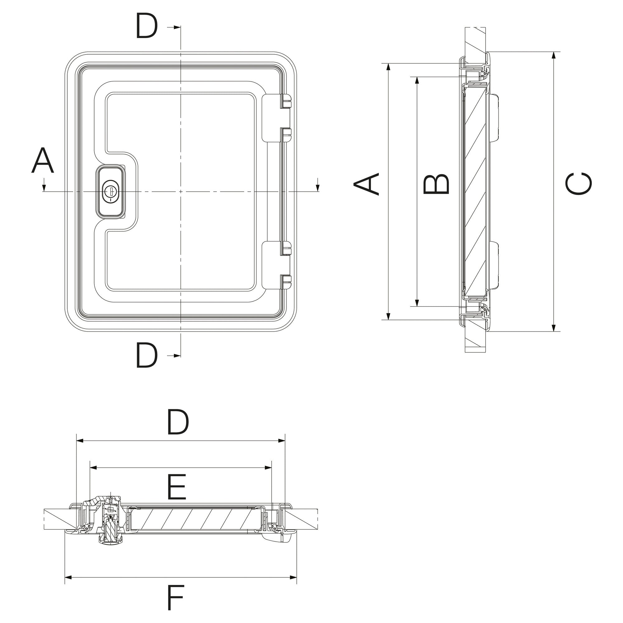 Technische Zeichnung einer quadratischen, abgerundeten Serviceklappe mit sichtbar integrierter Schlosseinheit, Seitenansicht mit Maßen D, E, F