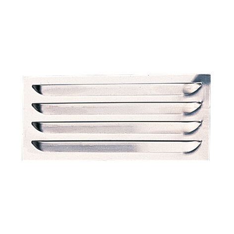 Rechteckiges Metallblech mit vier parallelen, abgerundeten Schlitzen, glänzend silbern, 440 mm lang