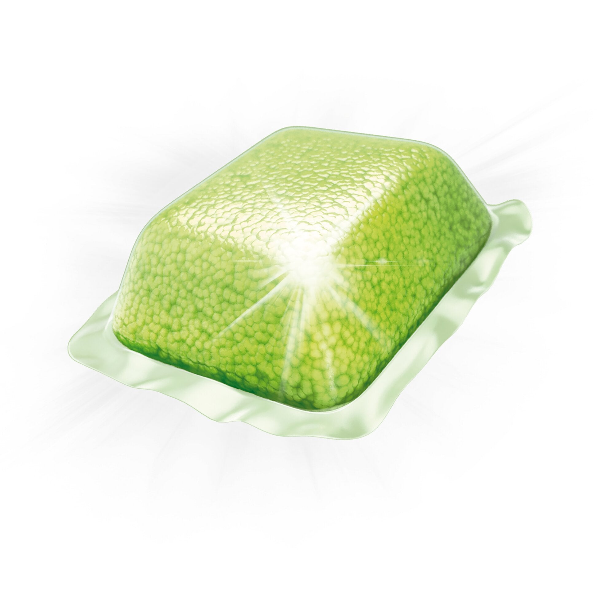 Grüner Toilettenzusatz-Tab in transparenter Verpackung, Nahaufnahme der strukturierten Oberfläche vor weißem Hintergrund, GreenCare Tabs