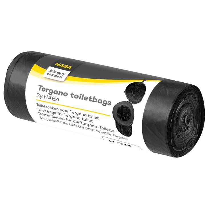 Schwarze Kunststoffrolle mit Torgano toiletbags von HABA, Etikett zeigt Produktnamen, kleinem Aufkleber '#happy campers' und Abbildung eines Beutelspenders
