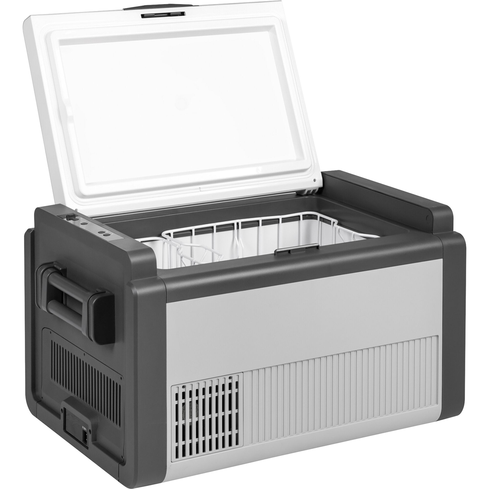 Offener Deckel der Polarys Criomaster 40 l Kühlbox, dunkelgraues Gehäuse, heller Innenraum mit weißem Gitterkorb und seitlichen Griffen