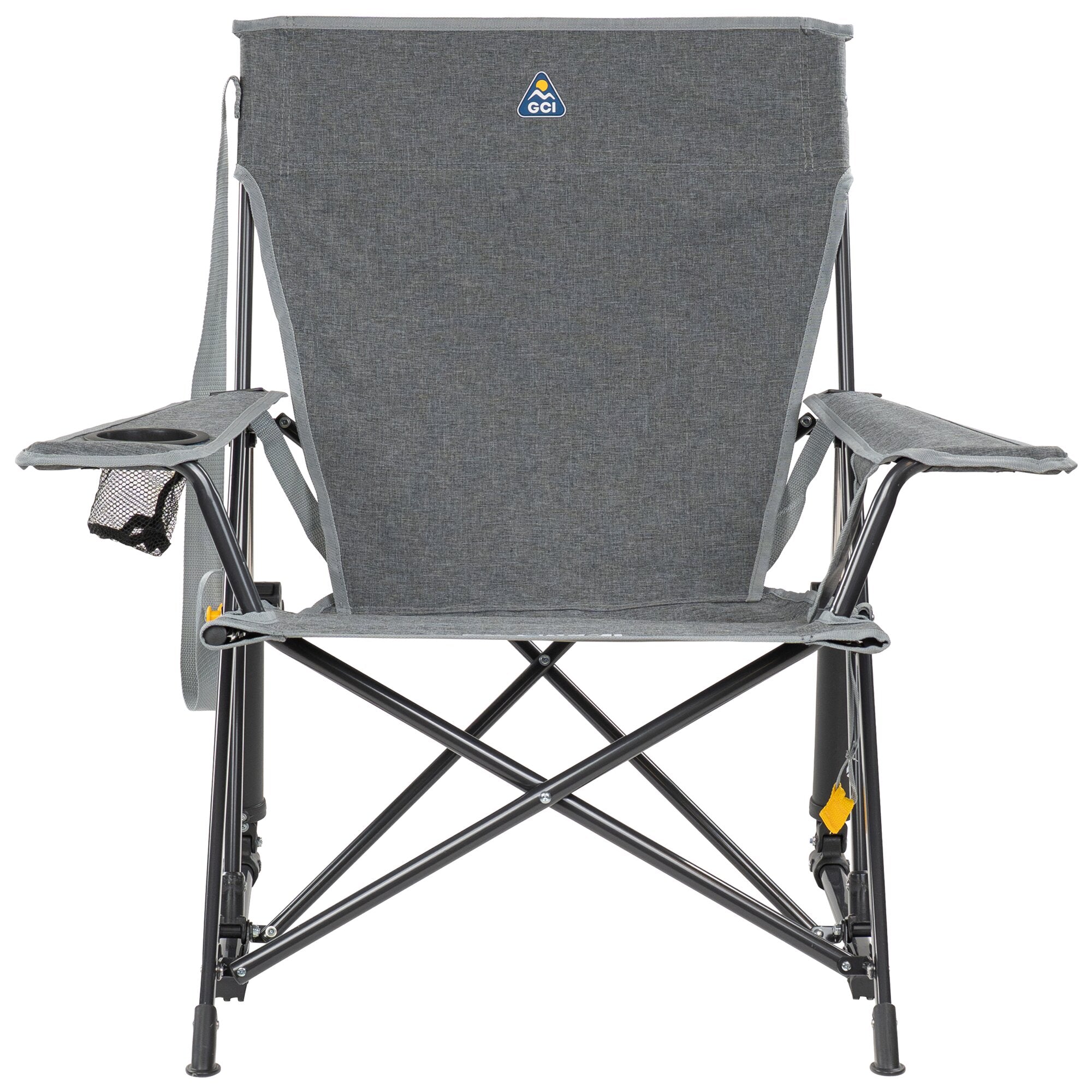 Grauer Camping-Schaukelstuhl Kickback Rocker mit Stoffbezug, Rückenlehne, linker Getränkehalter, Netzseitentasche und schwarzem Stahlrahmen