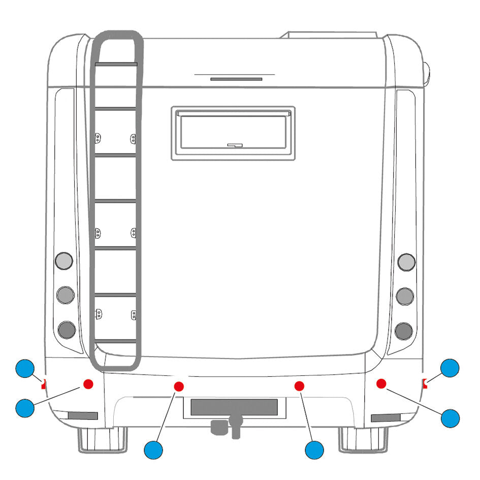 Top-Ansicht eines Großfahrzeugs mit Rückfahrwarner-Layout: blaue Sensoren am Heck, rote Punkte an der Rückseite, Leiter links