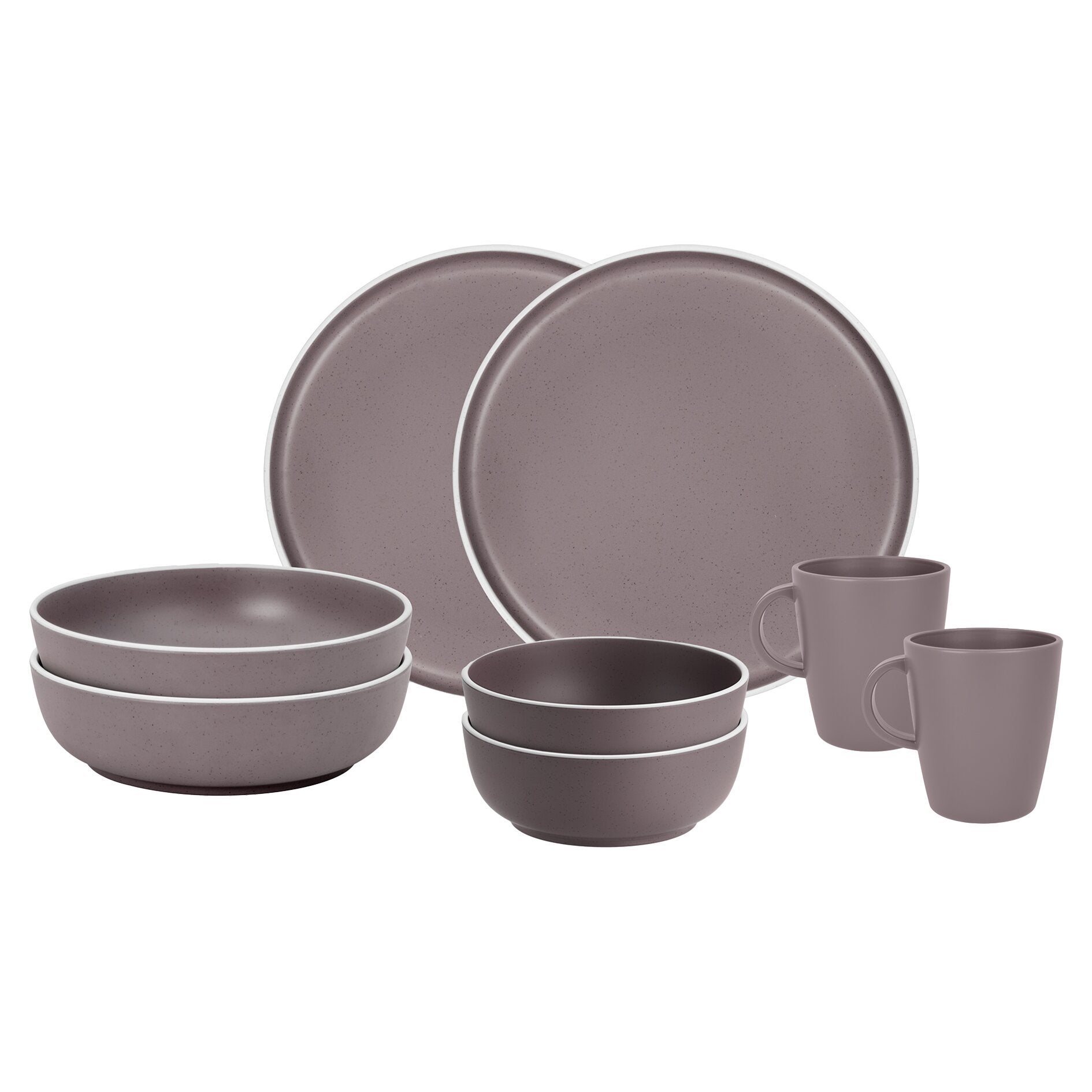 Geschirrset Tête‑à‑Tête Dolomit in Brombeer; Teller, Schalen und Becher aus speckled Keramik mit heller Kante in violetter Farbgebung