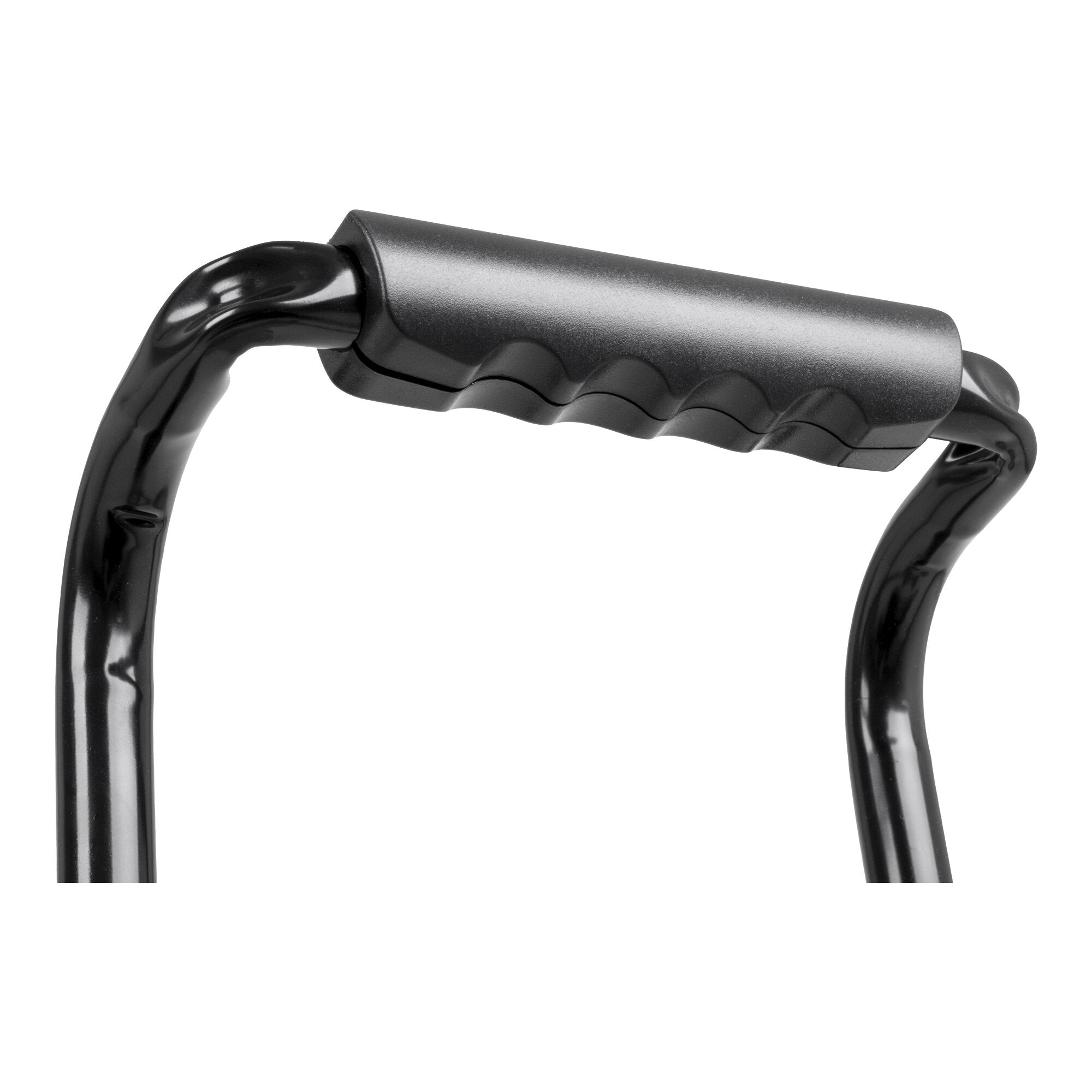 Detailaufnahme eines schwarzen Griffs von Gepäckroller Easy, ergonomisch geformt mit gerippter Griffzone und grauer Oberseite