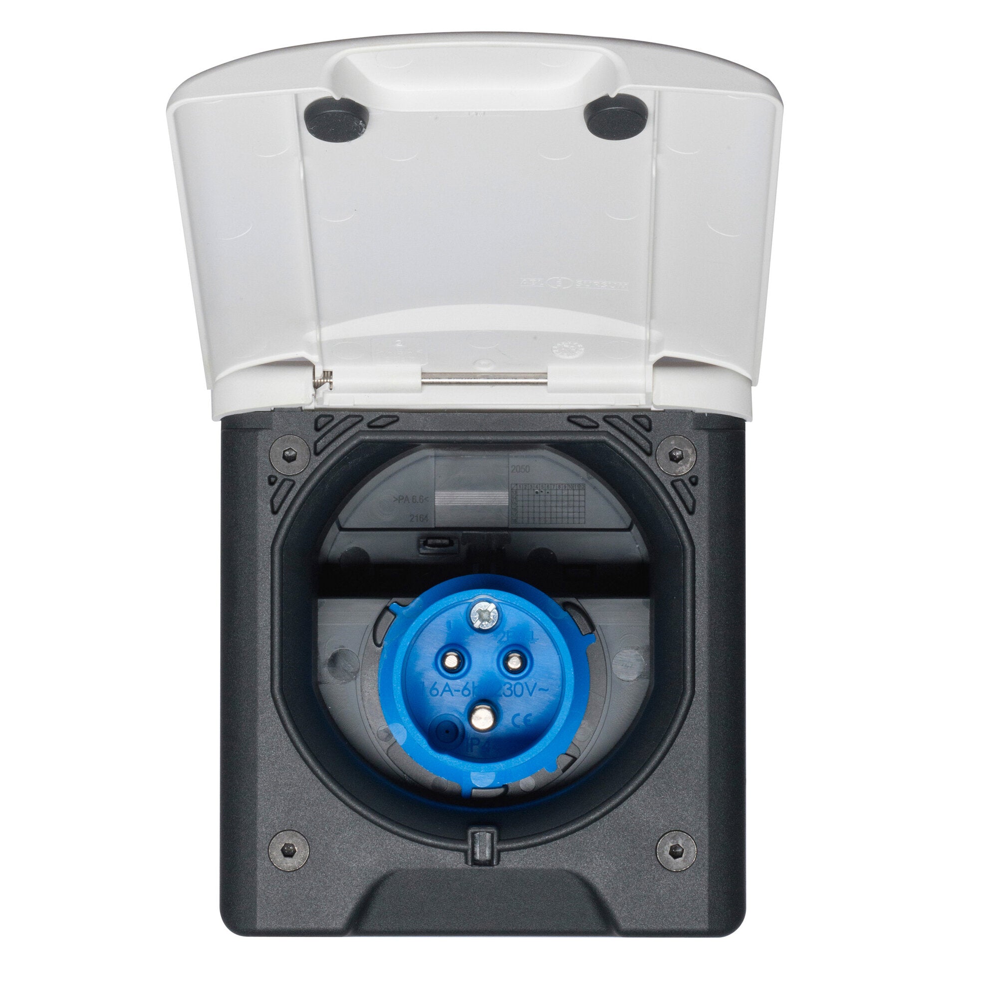 Weiße Caravan-Einspeisung mit aufklappbarem Deckel, darunter sichtbare blaue runde 16A 230V CEE-Steckdose im schwarzen Gehäuse