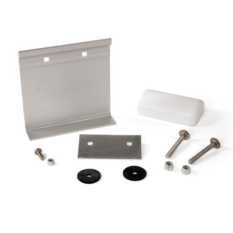 Markisenadapter S 120: L‑Profil Metallhalterung, Platte mit Bohrungen, zwei schwarze Gummischeiben, weiße Kunststoffkappe, zwei Schrauben mit Muttern