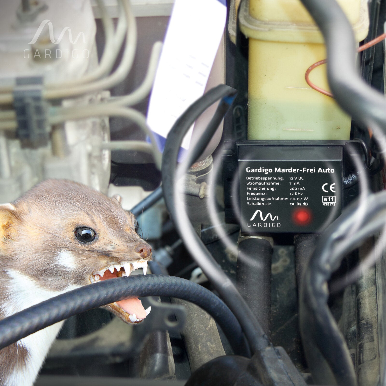 Motorraumaufnahme mit dem Gardigo Marder-Frei Auto Modul, schwarzes Gehäuse, Kabelsalat und daneben ein kleines braunes Säugetier mit geöffnetem Maul