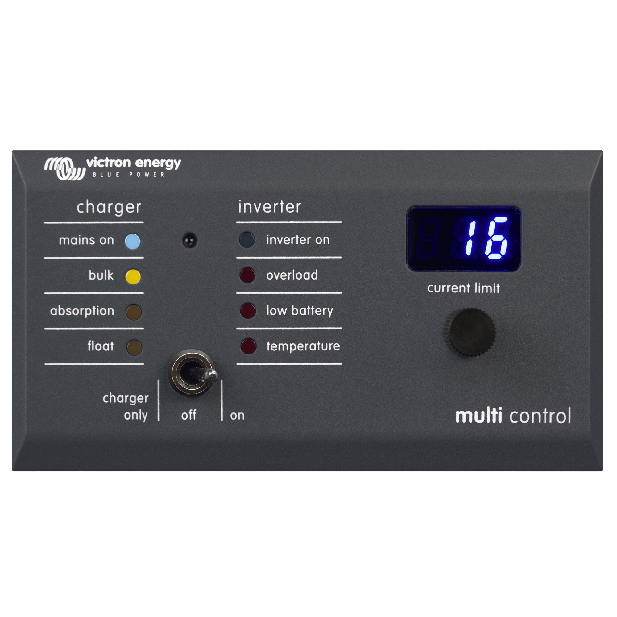 Vorderseite eines grauen Victron Energy Multipanel-Controllers mit Bezeichnungen charger, inverter und multi control, blau leuchtendem Display und farbigen Status-LEDs