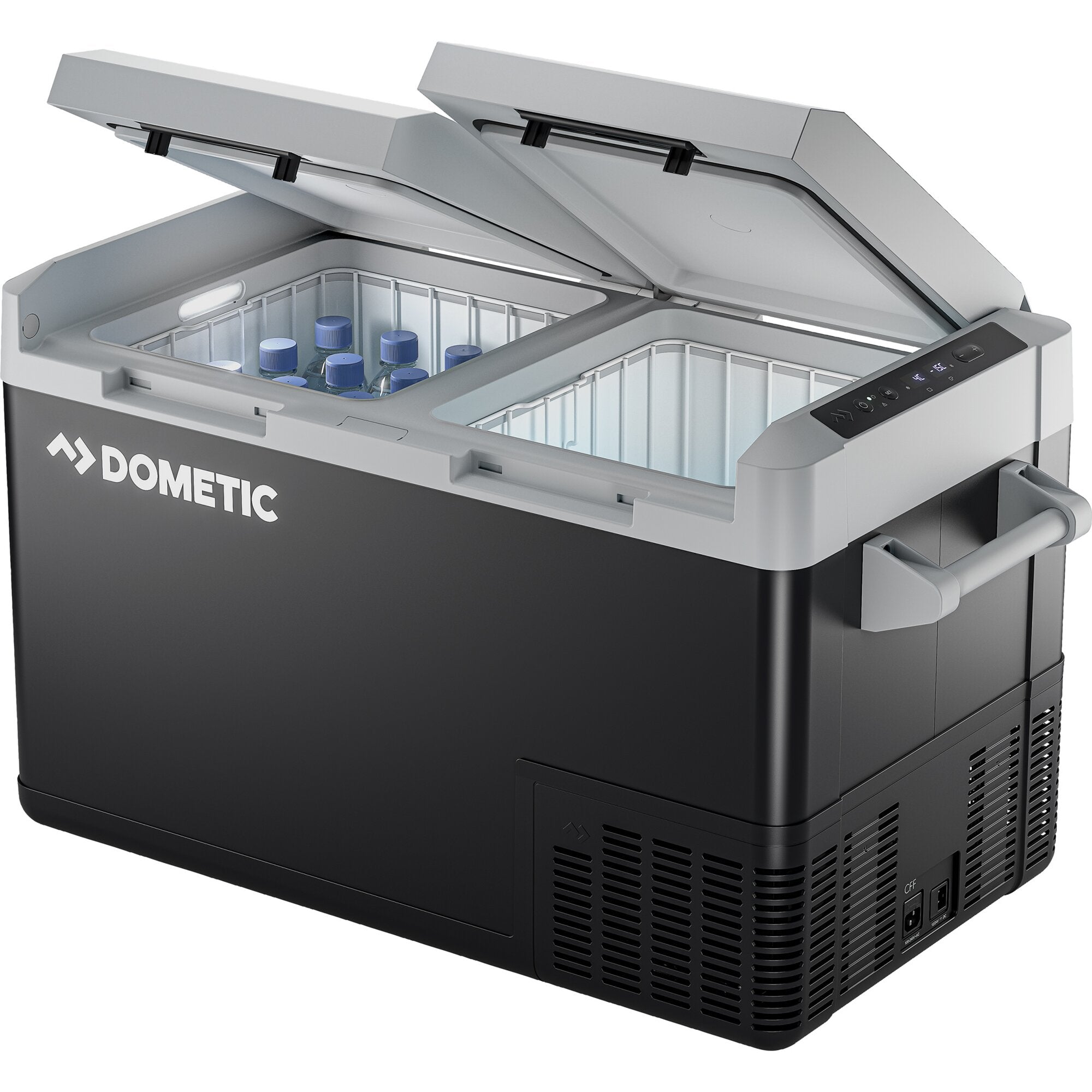 Kühlbox mit Kompressor, geöffneten Deckeln, Innenraum mit Flaschen, DOMETIC-Logo, seitliche Belüftungsgitter und Bedienfeld sichtbar