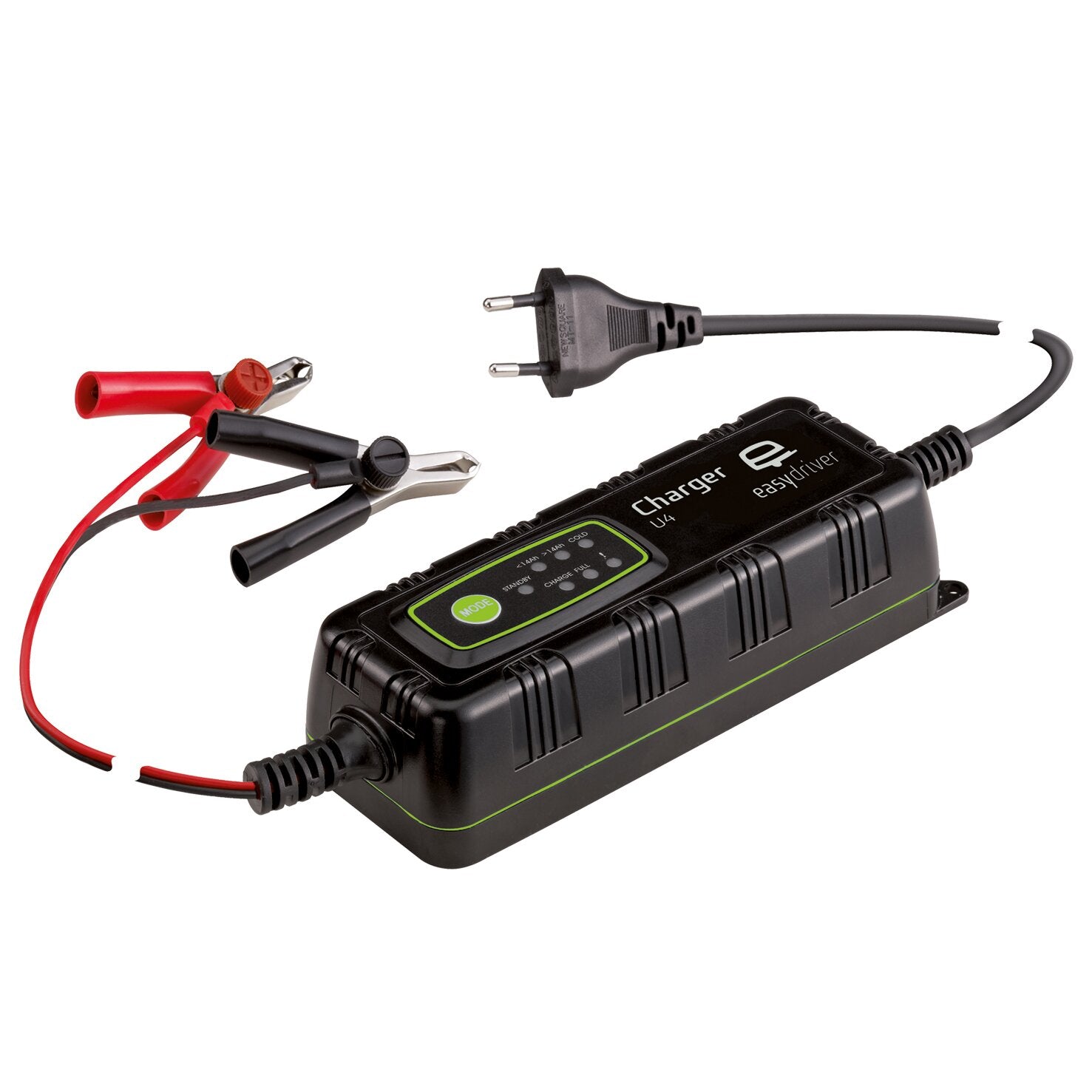 Charger U4 Ladegerät mit vier Steckplätzen, grün umrahmtem Display, roter und schwarzer Klemmclip, Netzstecker am Kabel
