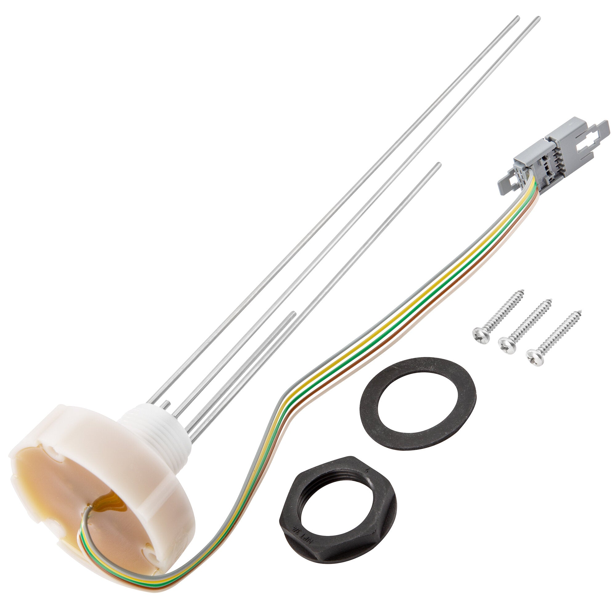 Externe Füllstands-Sonde mit vier Metallstäben, farbigem Kabelbaum, grauem Steckverbinder, schwarzen Dichtungsringen, Schrauben und Kunststoffgehäuse