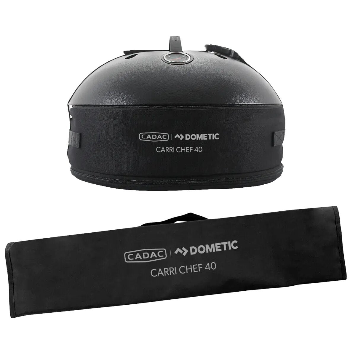 Runder Gasgrill mit Deckel und Thermometer, daneben eine schwarze Tragetasche mit Aufdruck CADAC DOMETIC CARRI CHEF 40