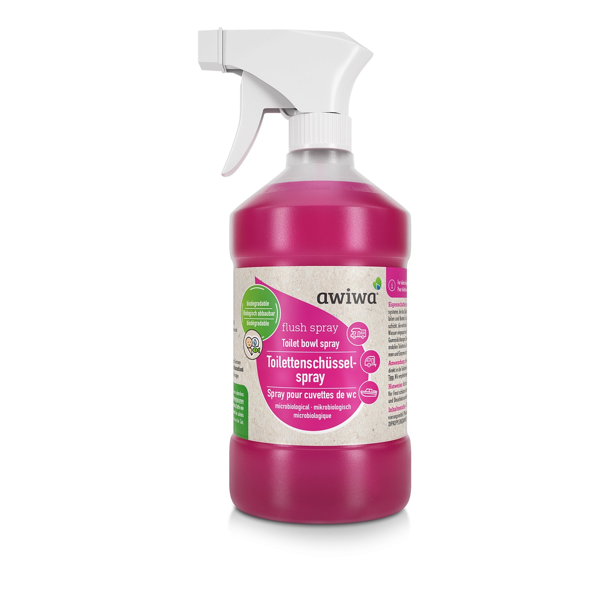 Nahaufnahme eines weißen Sprühkopfes auf einer pinken Flasche Toilettenschüssel-Spray; Etikett mit grünem Biodegradable-Logo und Texten