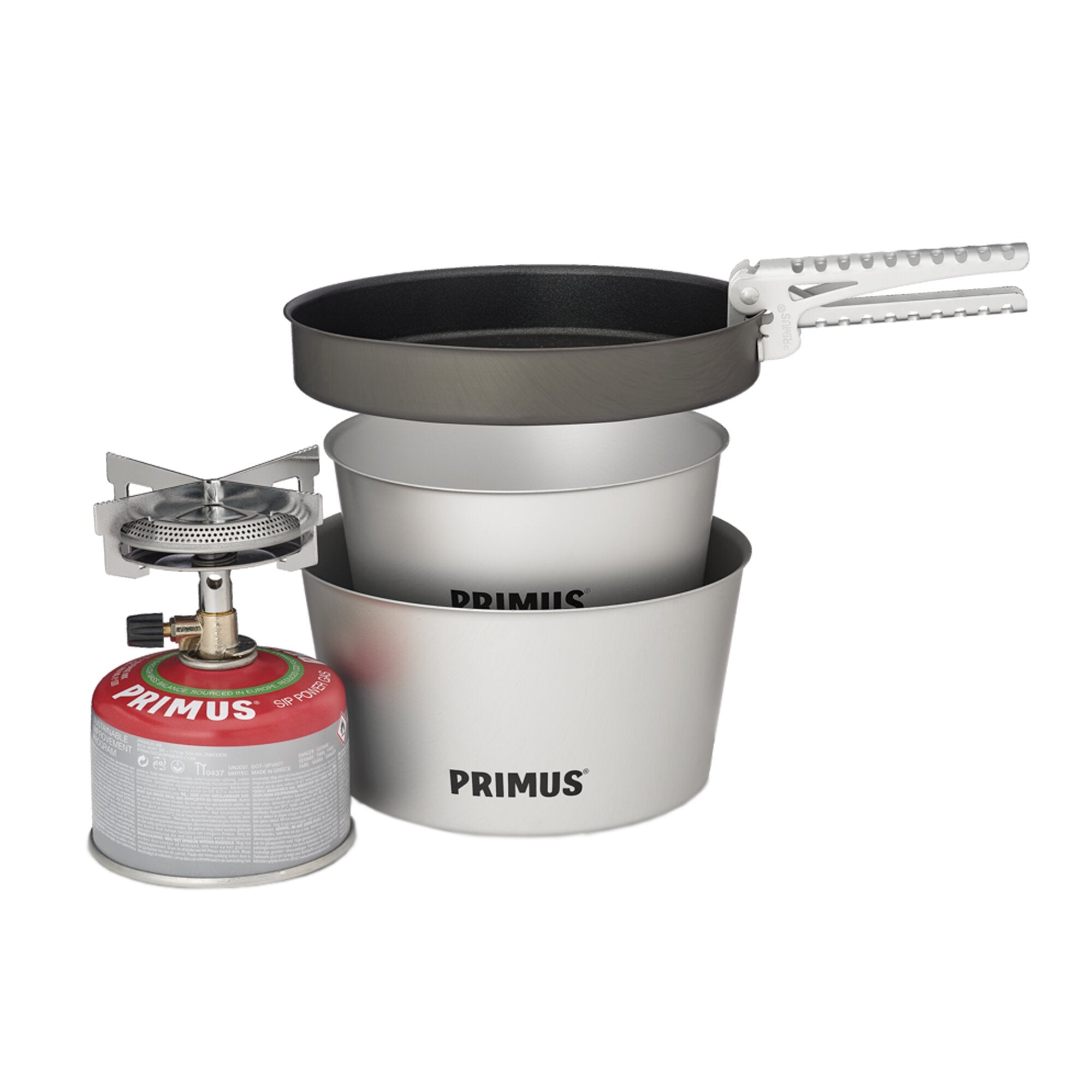 Primus Mimer Backpacking Stove Kit mit gestapelten Töpfen und Pfanne, klappbaren Griffen, Brenner und Propangasflasche