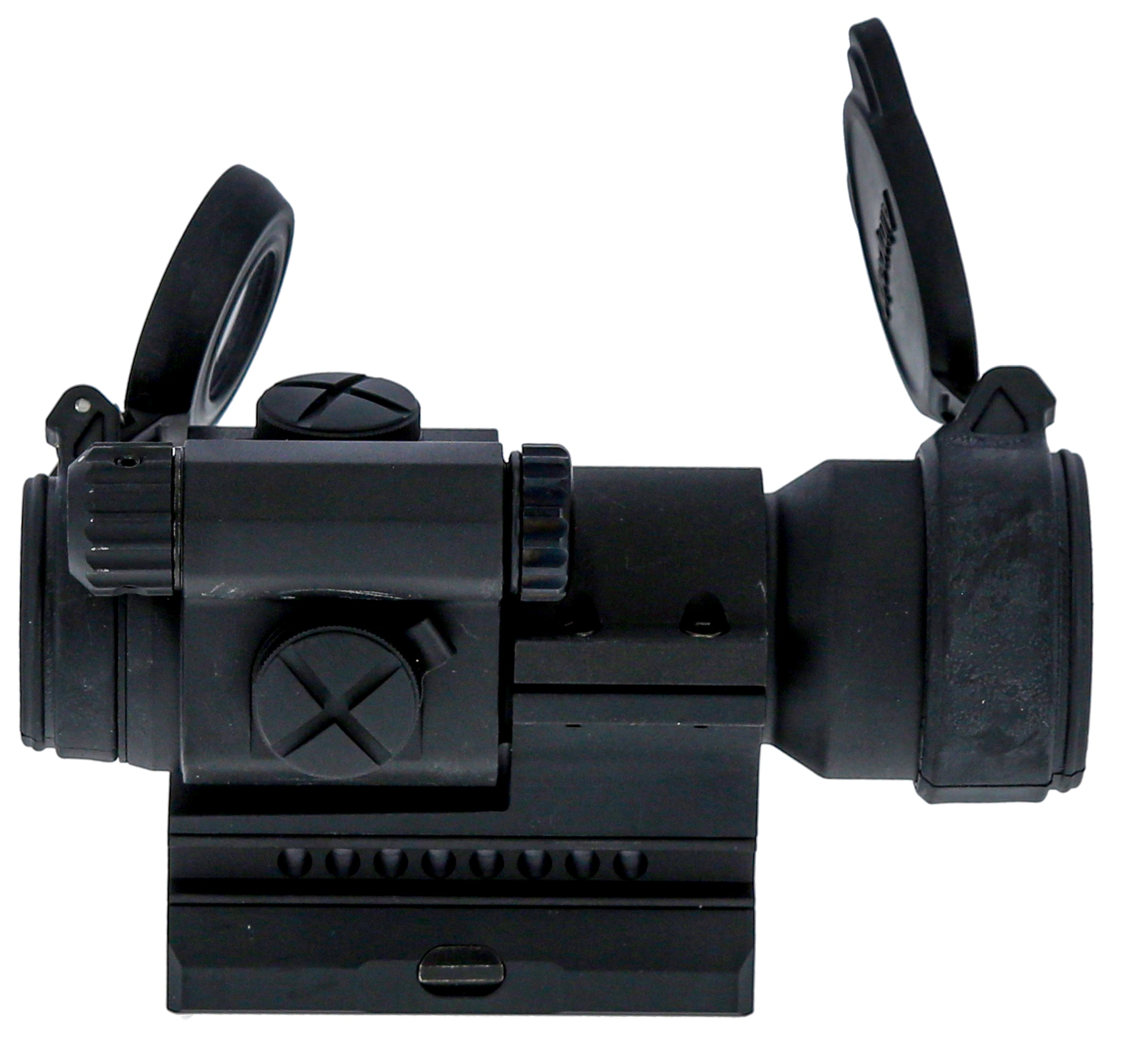 Aimpoint PRO 2 MOA – Seitenansicht mit geöffneten Schutzkappen