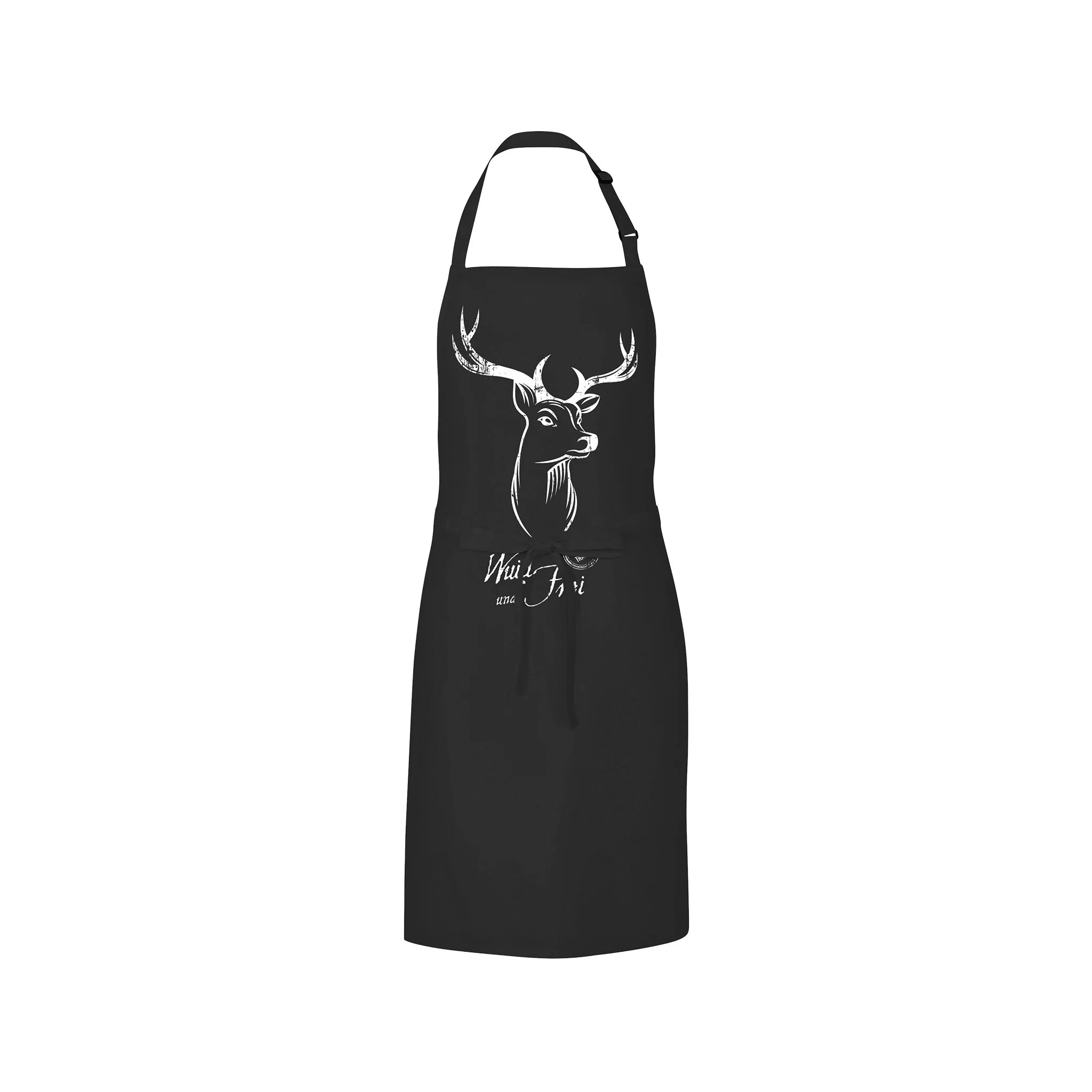Schwarze Almtracht Grillschürze mit weißem Hirschmotiv und verstellbarer Nackenschlaufe