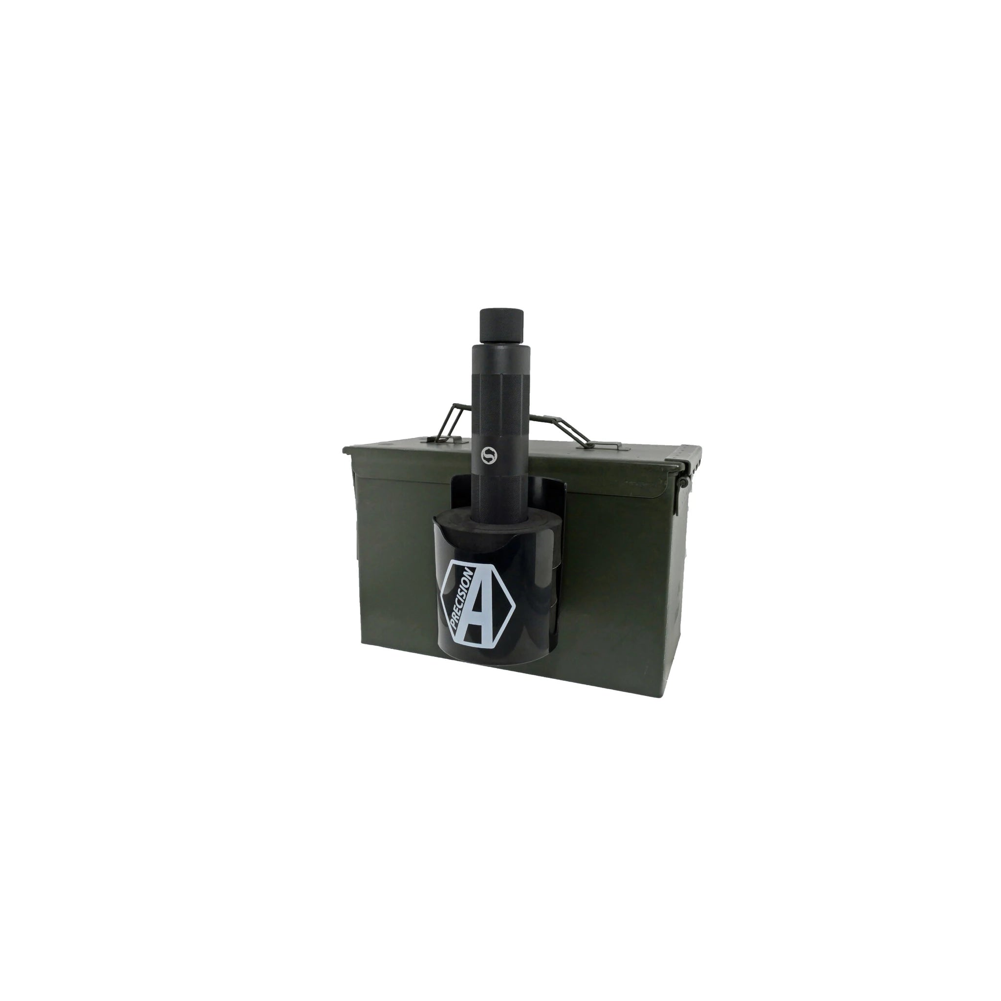 Alpha Precision X-Rack Schalldämpferhalter Schwarz mit nicht enthaltenem Schalldämpfer und Metallbehälter als Anwendungsbeispiel