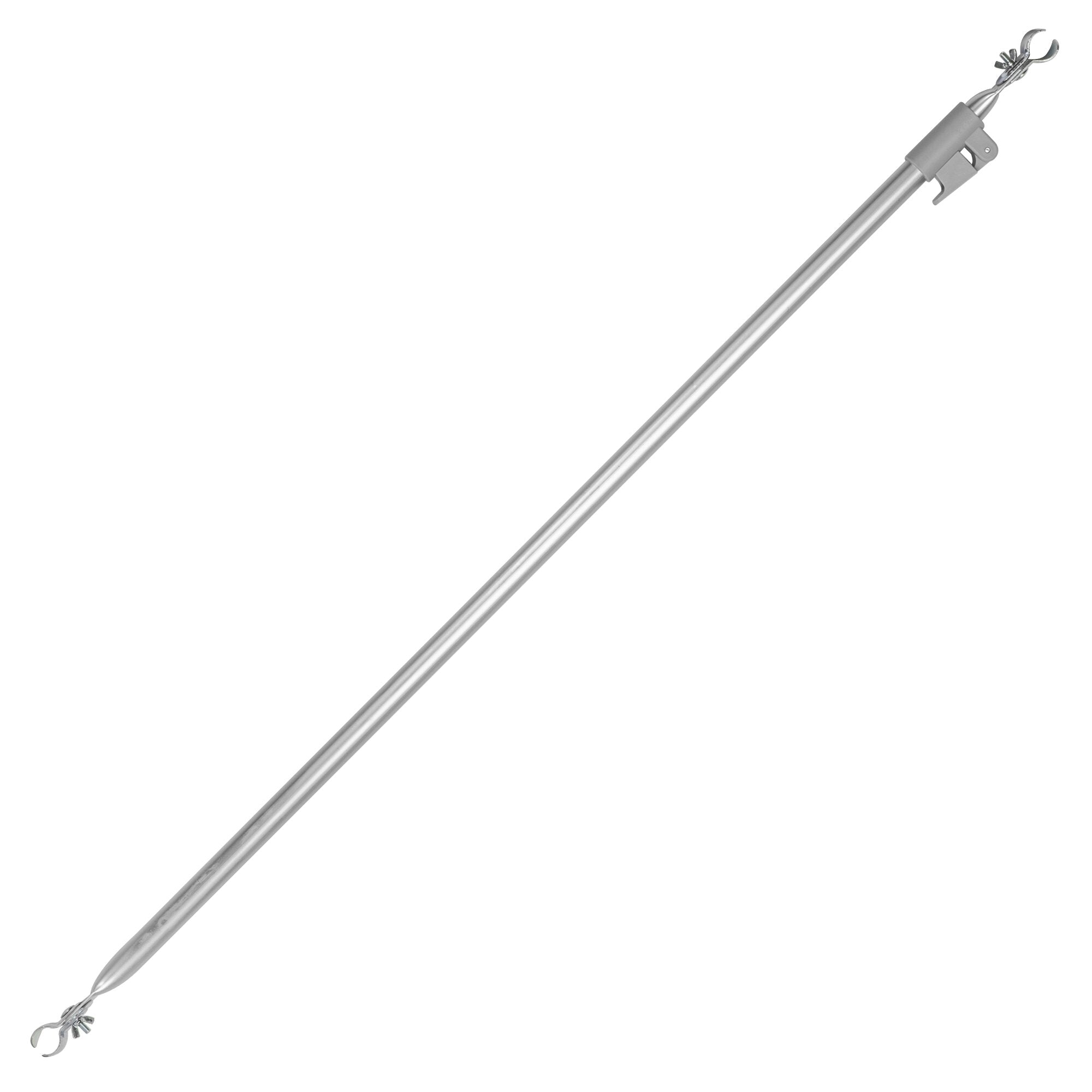 Verandastange aus Aluminium, silberfarben, diagonale Stange mit grauer Halterung und gebogener Metallhaken am Spitzenende