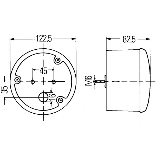 Technische Zeichnung einer runden Nebelschlussleuchte mit Vorder- und Seitenansicht; Ø122,5 mm, Ø16 Loch, Tiefe 82,5 mm, M6 Gewinde
