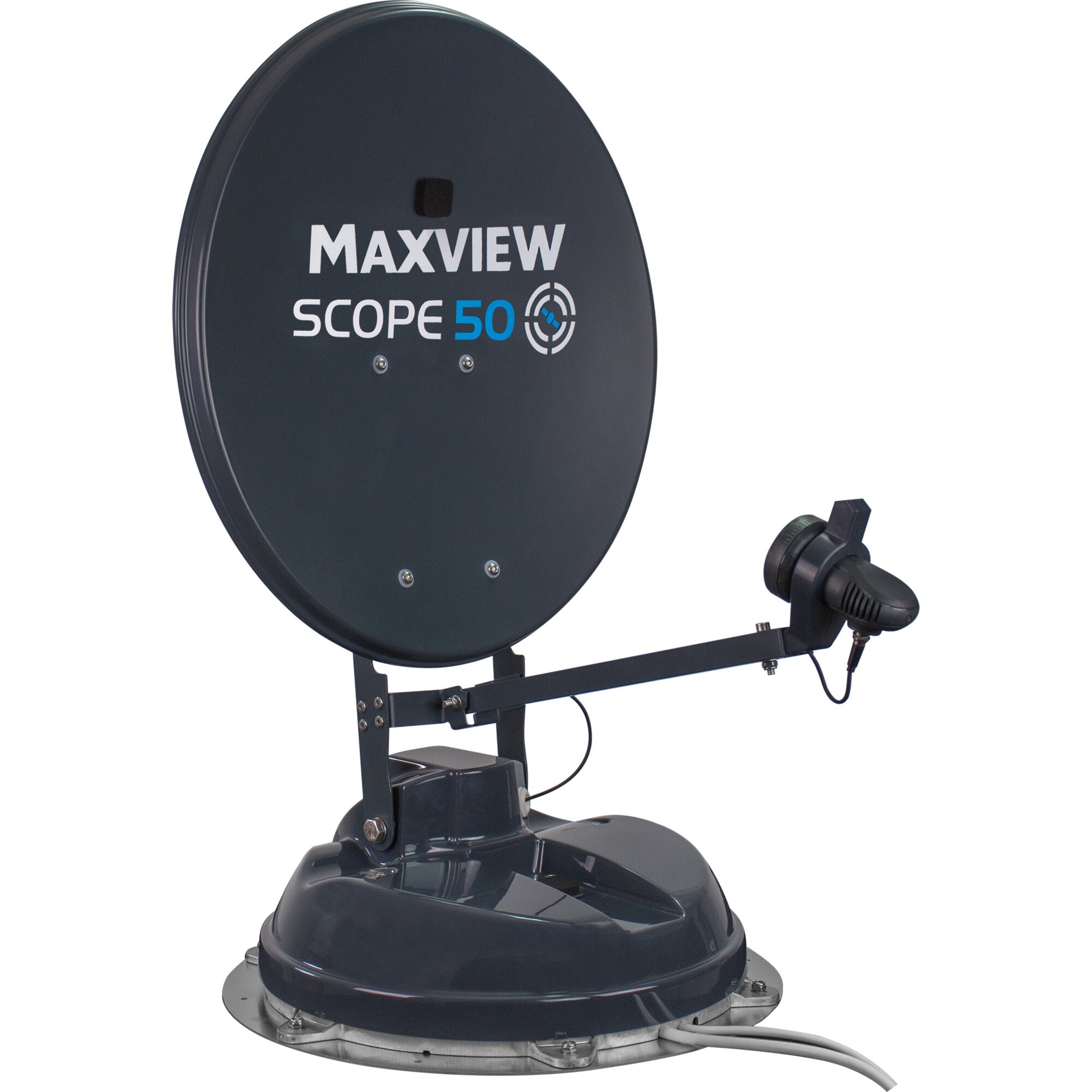 Große dunkelblaue Satellitenschüssel mit der Aufschrift MAXVIEW SCOPE 50, montiert auf einer Metallhalterung mit Arm und sichtbaren Kabeln