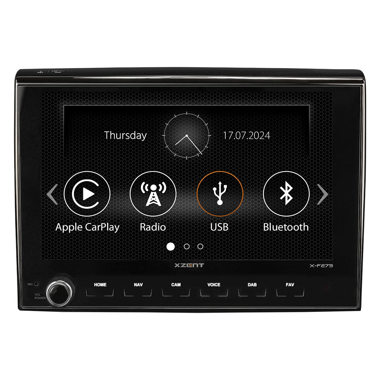 Schwarze Naviceiver-Einheit XZENT X-F275 mit Touchscreen zeigt Datum, Uhrzeit und Symbole für Apple CarPlay, Radio, USB und Bluetooth