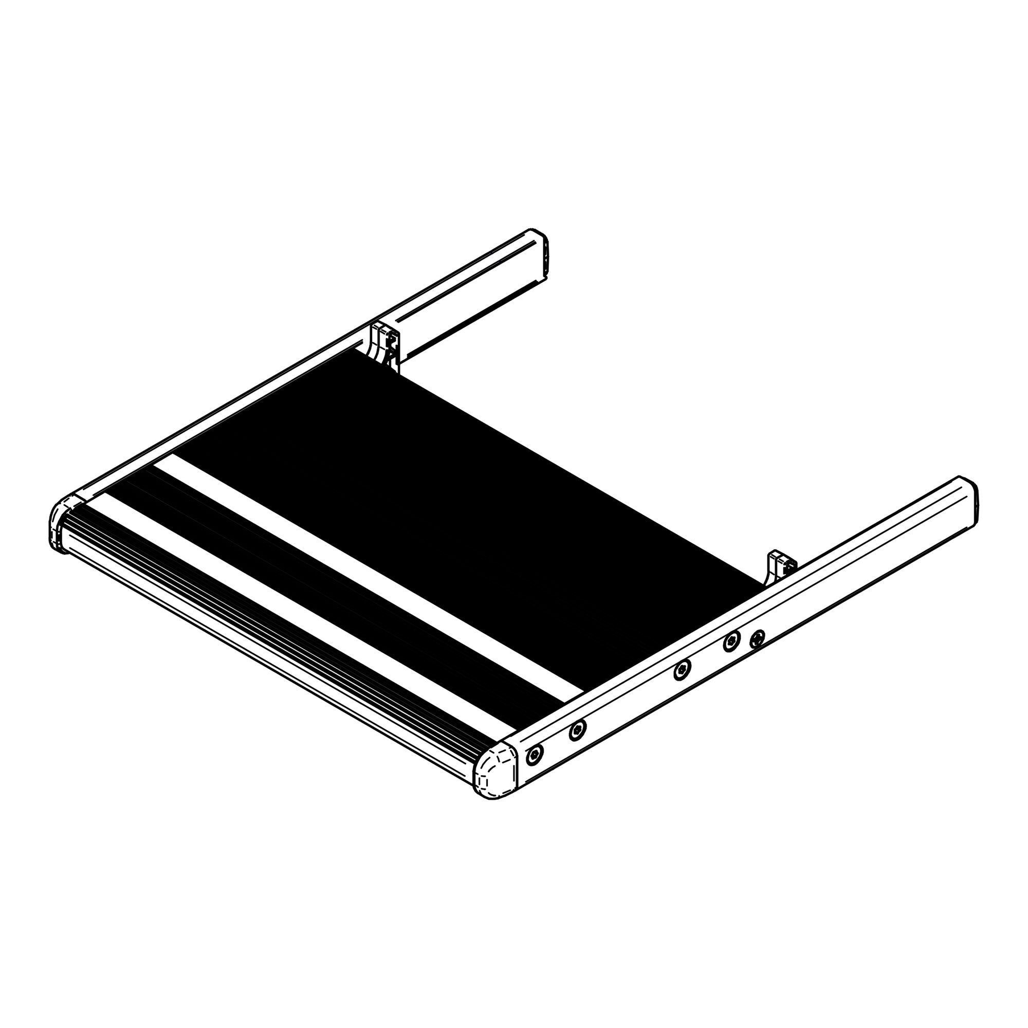 Isometrische Zeichnung eines kompletten Thule Slide-Out Step 550 Trittbretts mit schwarzer Trittfläche und silbernem Rahmen