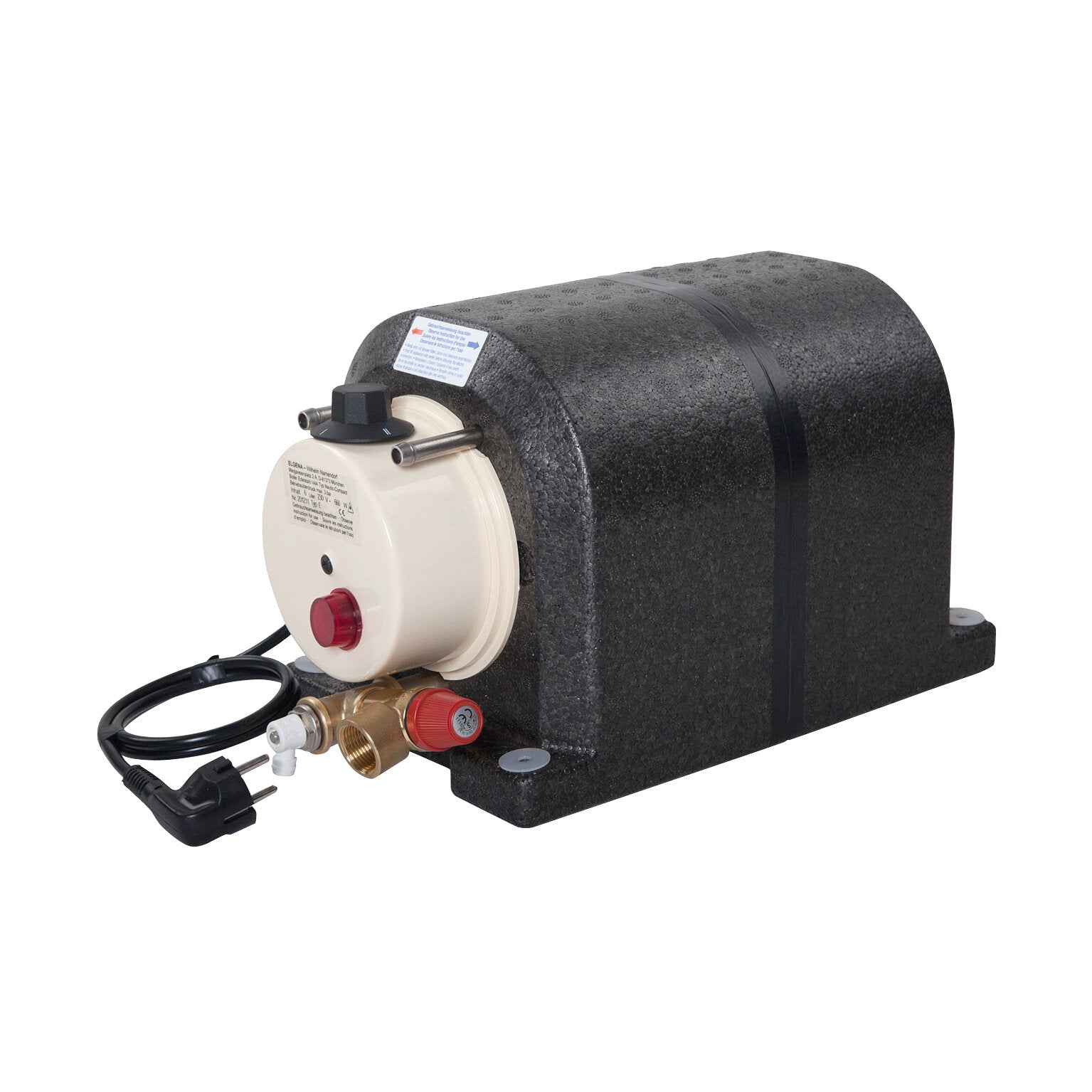 Nautic Compact druckfestes Warmwassersystem, 6 l, 12 V, Seitenansicht mit weißem runden Bedienpanel, rotem Knopf, Metallanschlüssen und Netzstecker