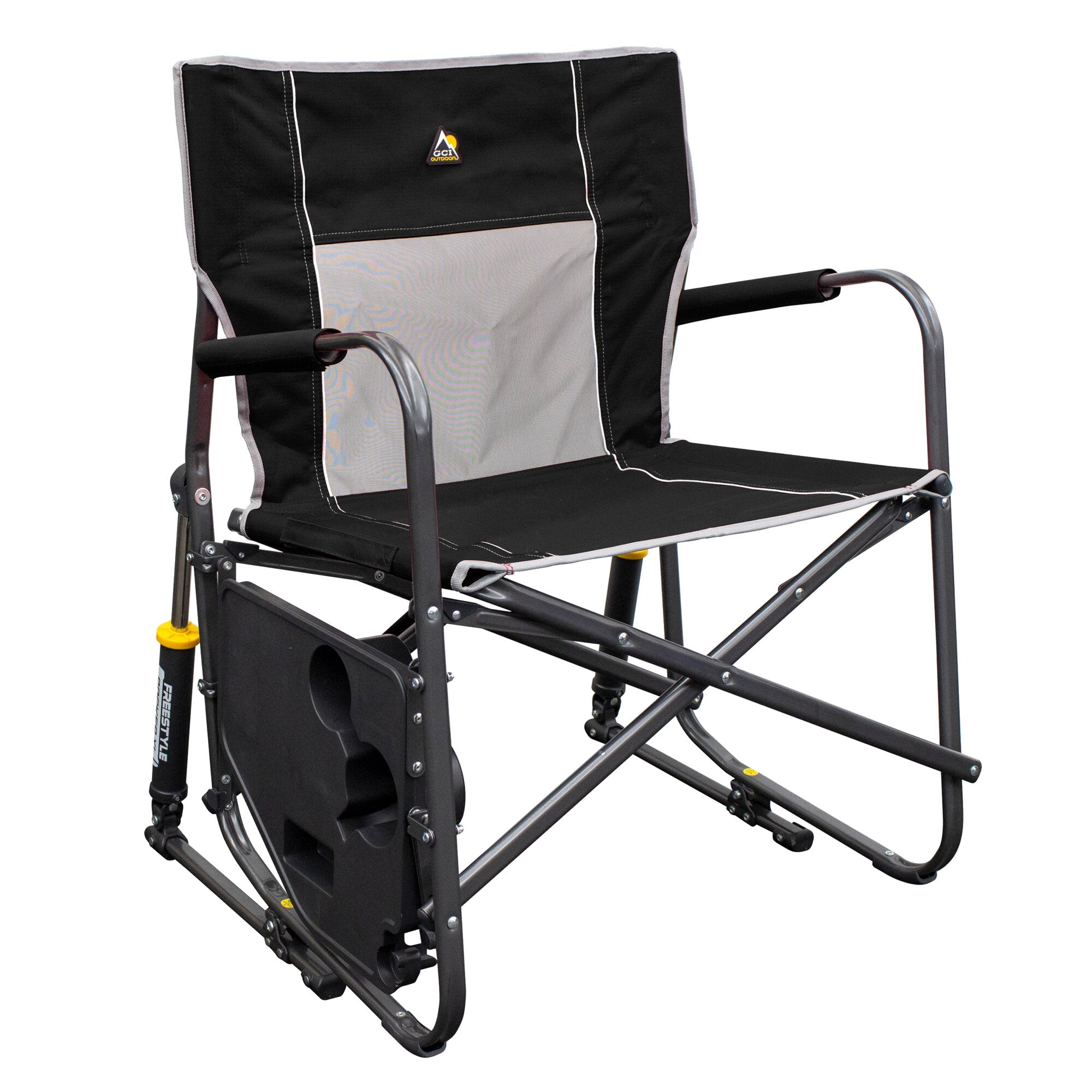 Camping-Schaukelstuhl Freestyle Rocker XL mit Tisch in Schwarz-Grau, Metallgestell, gepolsterte Rückenlehne, GCI Outdoors Logo sichtbar