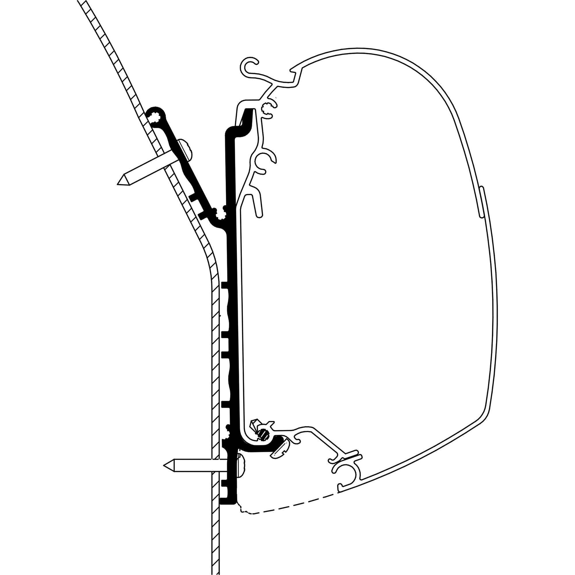 Technische Diagrammzeichnung eines Adapters am Wohnwagen Knaus Deseo 2019, Detail der Montageschnittstelle mit Klammer und Führung