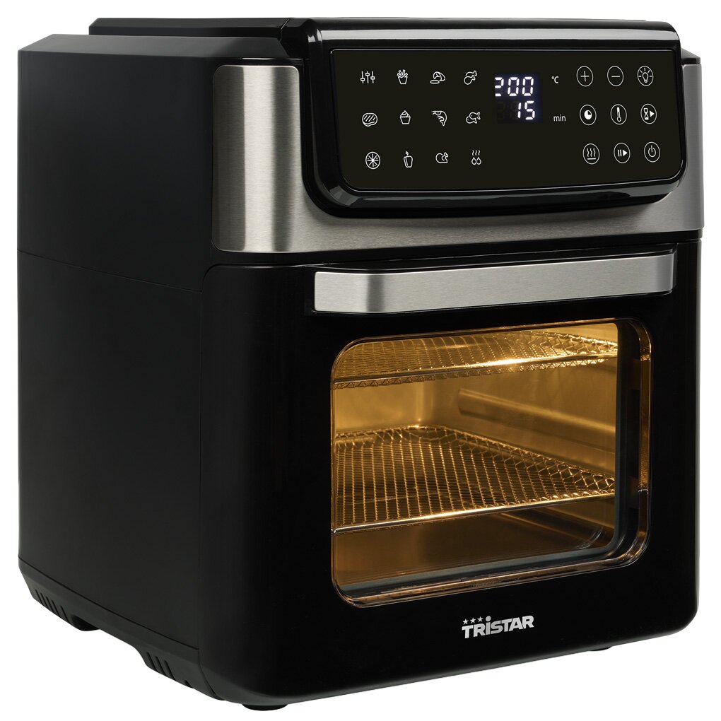 Schwarzer Airfryer-Ofen mit Edelstahl-Akzenten, Glasfront und Innenraum, Metallgriff, oberes digitales Bedienfeld, Tristar-Logo unten