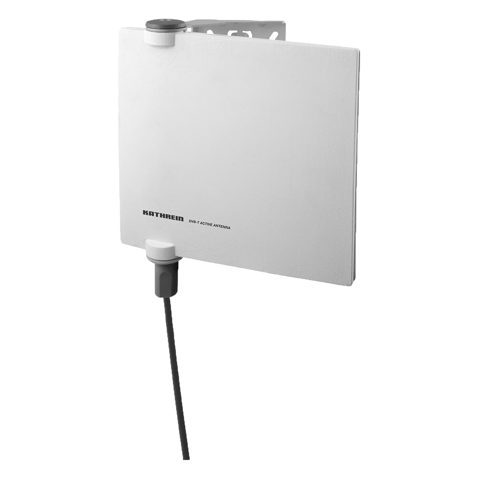 Weiße rechteckige DVB-T/T2 Outdoorantenne an einem Stativ, Kabel unten, Beschriftung KATHREIN DVB-T ACTIVE ANTENNA sichtbar