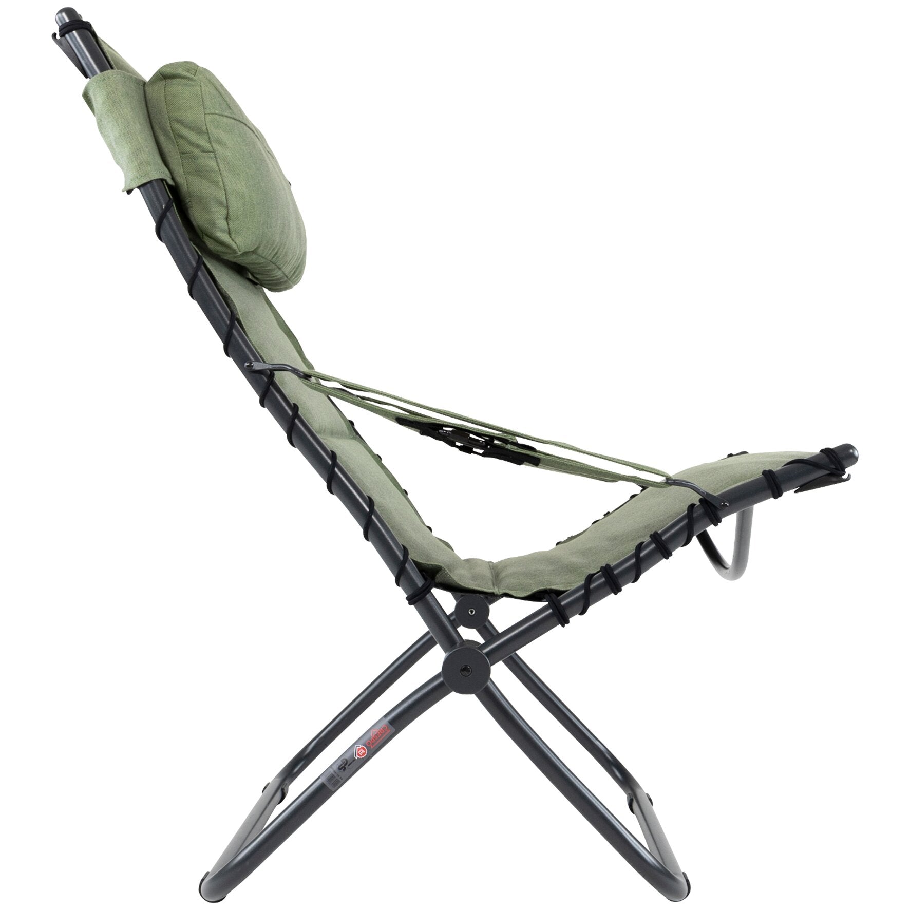Seitliche Nahaufnahme eines grünen Tex-Comfort Relaxsessel AP/262 mit gepolstertem Rücken, Kopfkissen und schwarzem Metallrahmen
