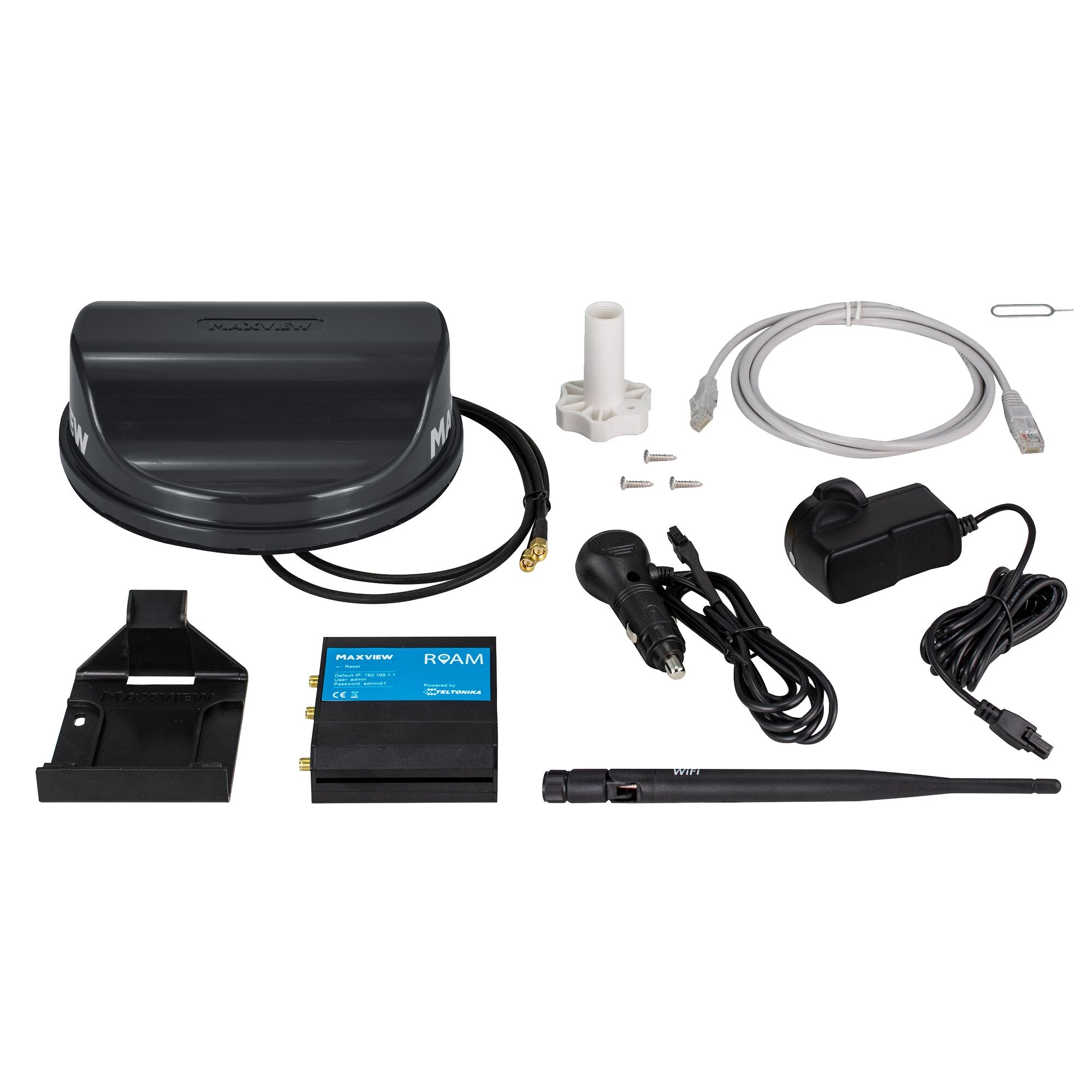 Maxview Roam Router-Set in anthrazit mit runder Basisstation, Ethernet-Kabel, Netzteil, Montagesatz und blauer Roam-Einheit