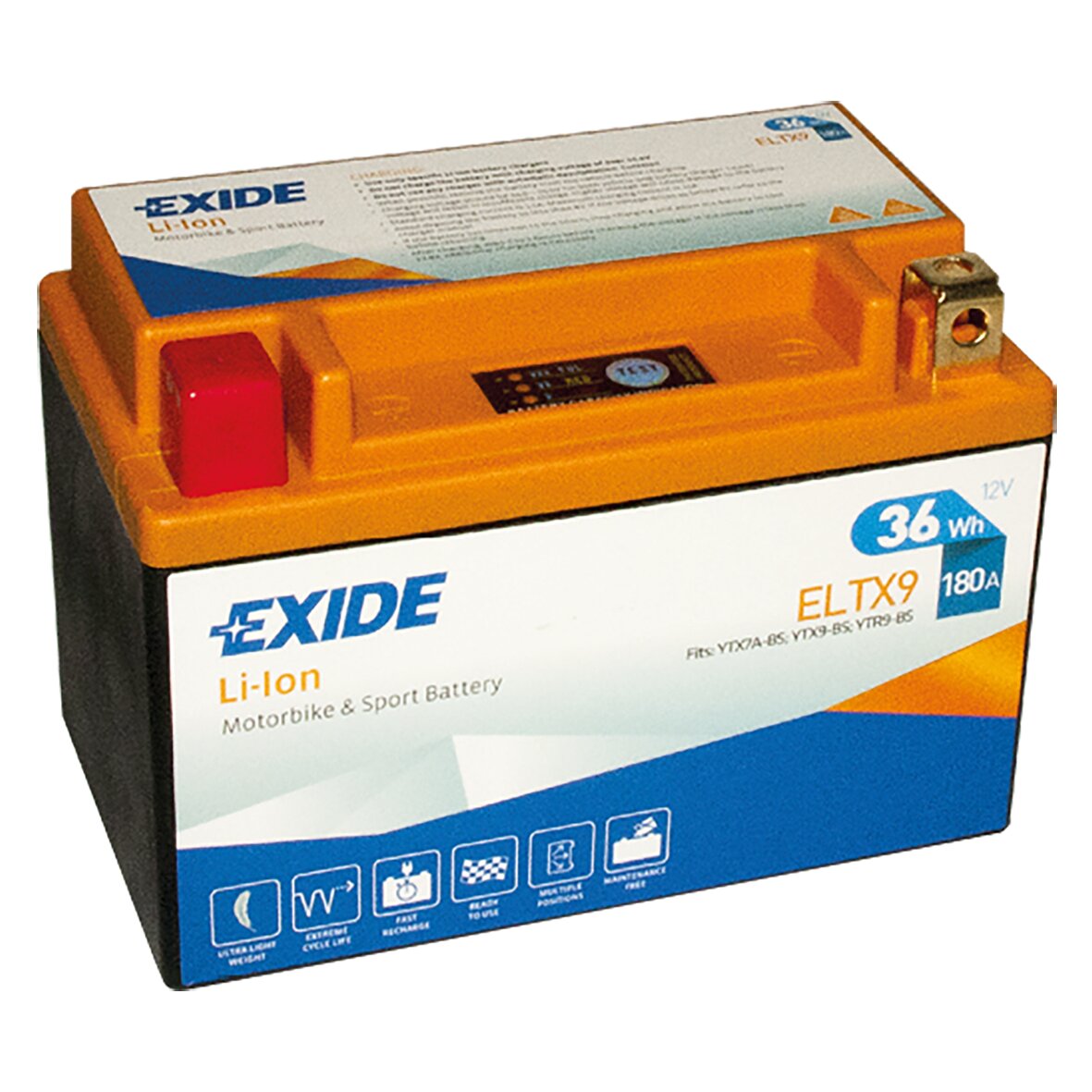 Orange Lithium-Batterie ELTX9 von Exide mit roter Positivkappe links und Metallkontakt rechts, Bezeichnung Motorbike- und Sportbatterie