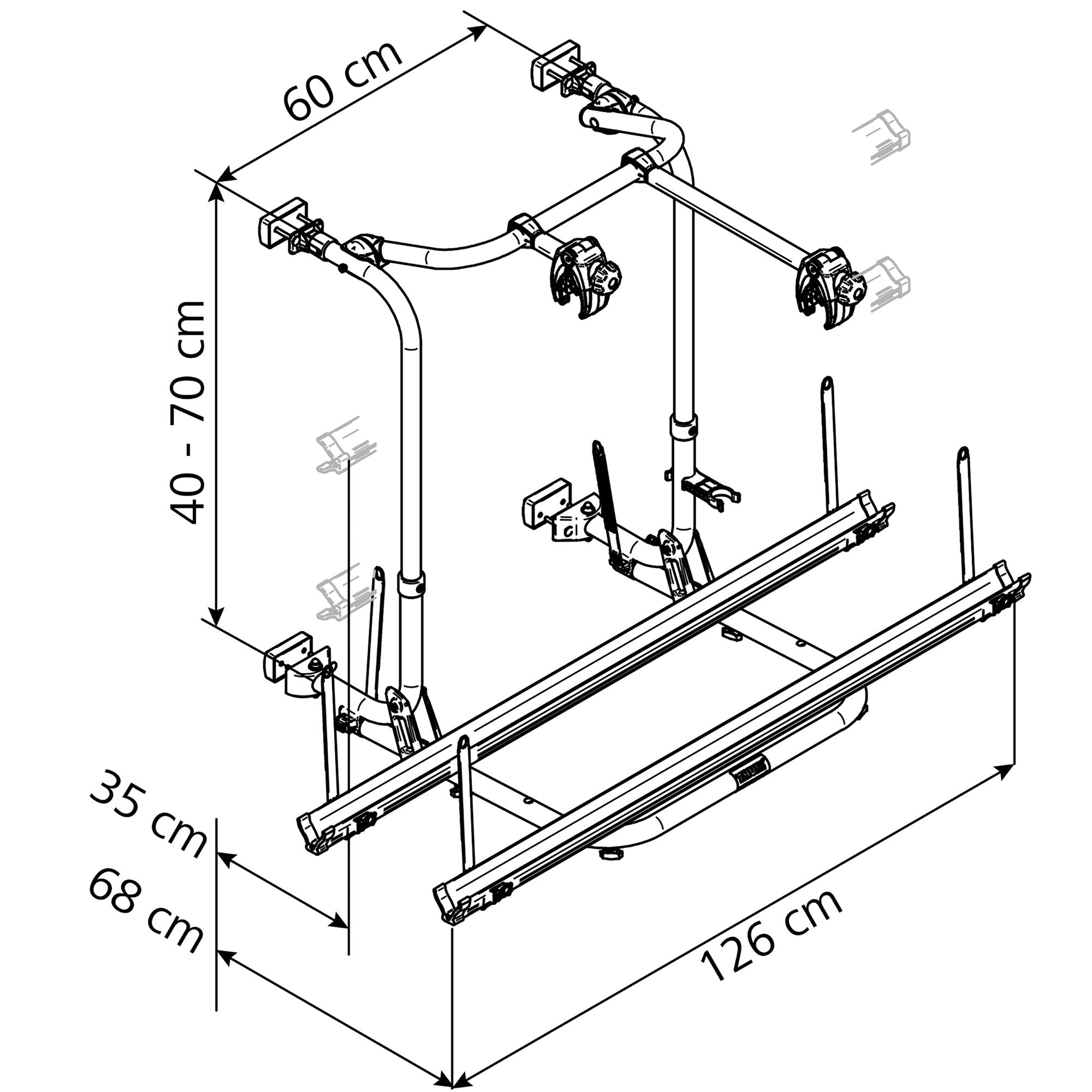 Technische Skizze eines Thule Sport G2 Short Fahrradträgers mit Rahmträgern und Halterungen, Maße 126 cm Länge, 68 cm Breite, 60 cm Höhe