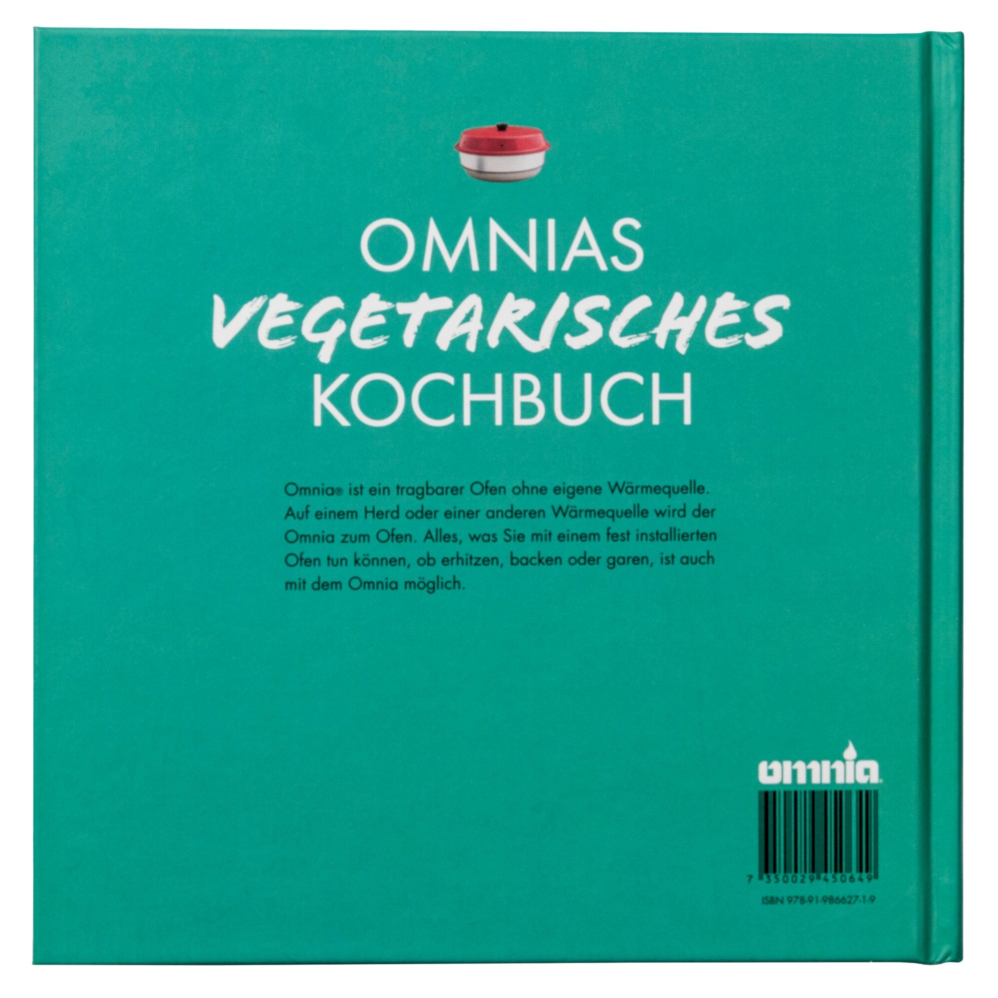 Grünes Verpackungscover mit dem weißen Schriftzug OMNIAS VEGETARISCHES KOCHBUCH, darüber ein kleiner roter Topf mit silbernem Boden; Barcode unten rechts