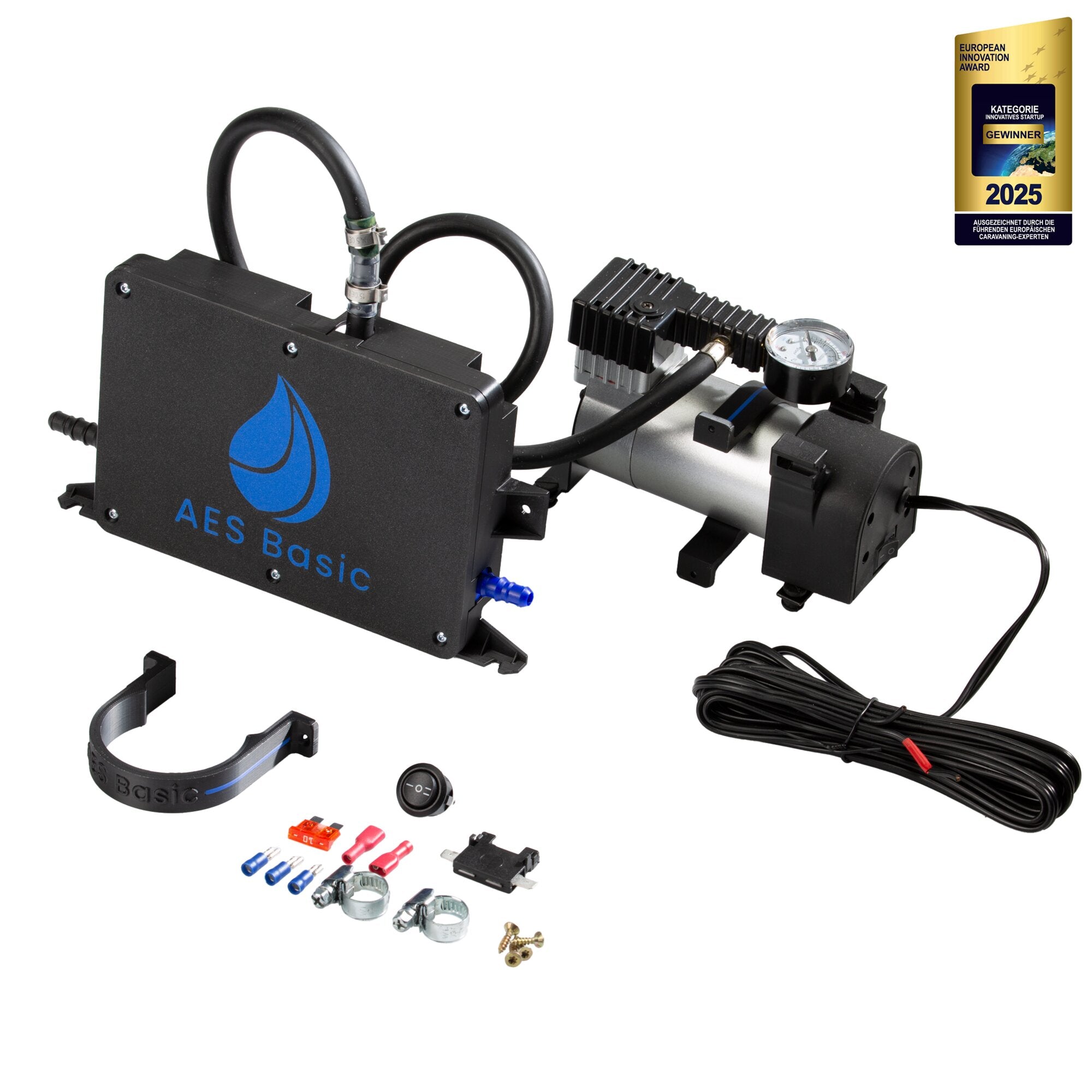 Entleersystem AES Basic für Wasserleitungen mit schwarzer Gehäuseeinheit, blauem Tropfenlogo, zwei Schläuchen und Druckanzeige