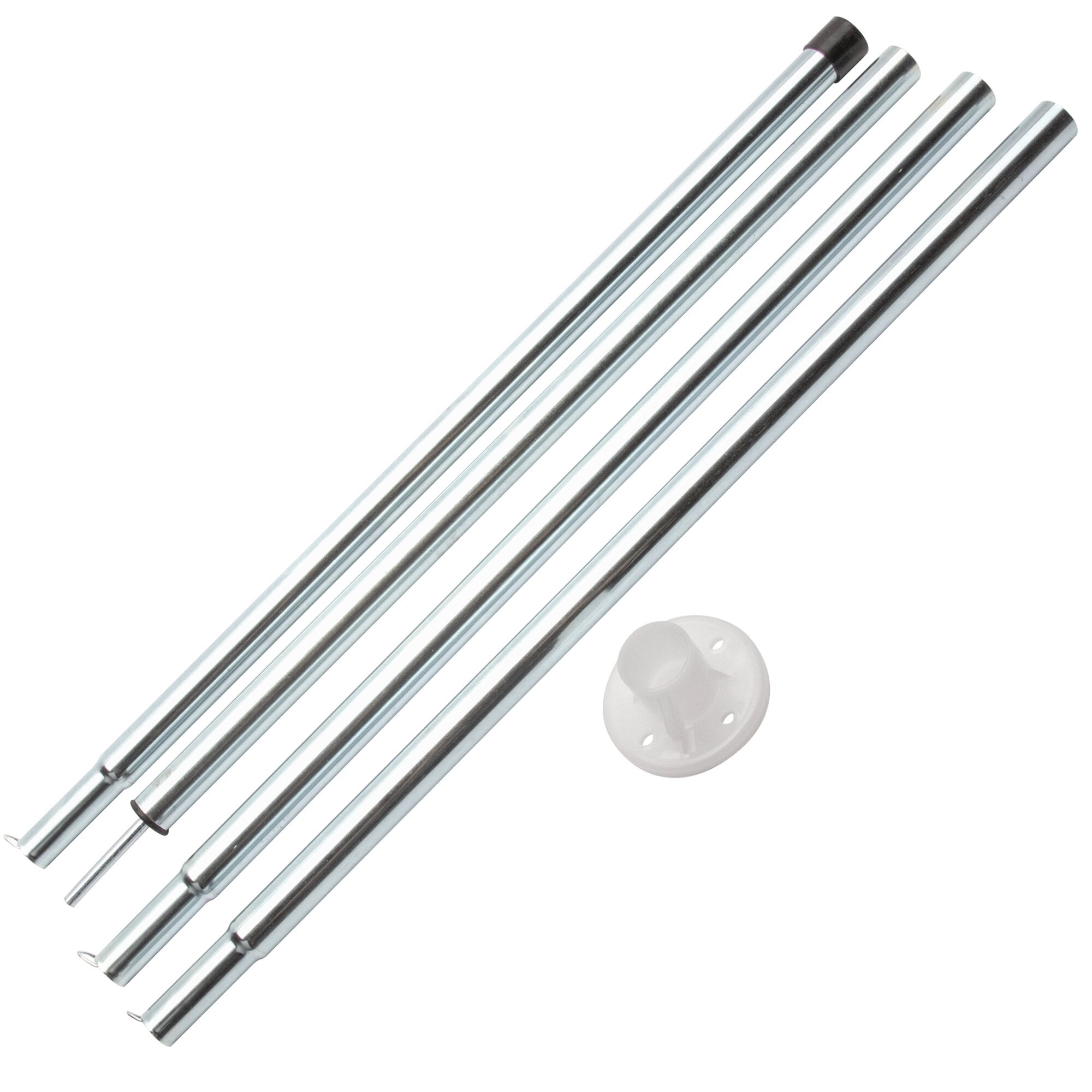 Mehrere glänzende Stahlrohre Ø19 mm, ca. 180 cm lang, diagonal im Bild; sichtbare schwarze Endkappen und ein weißes Kunststoffhalterungsbauteil