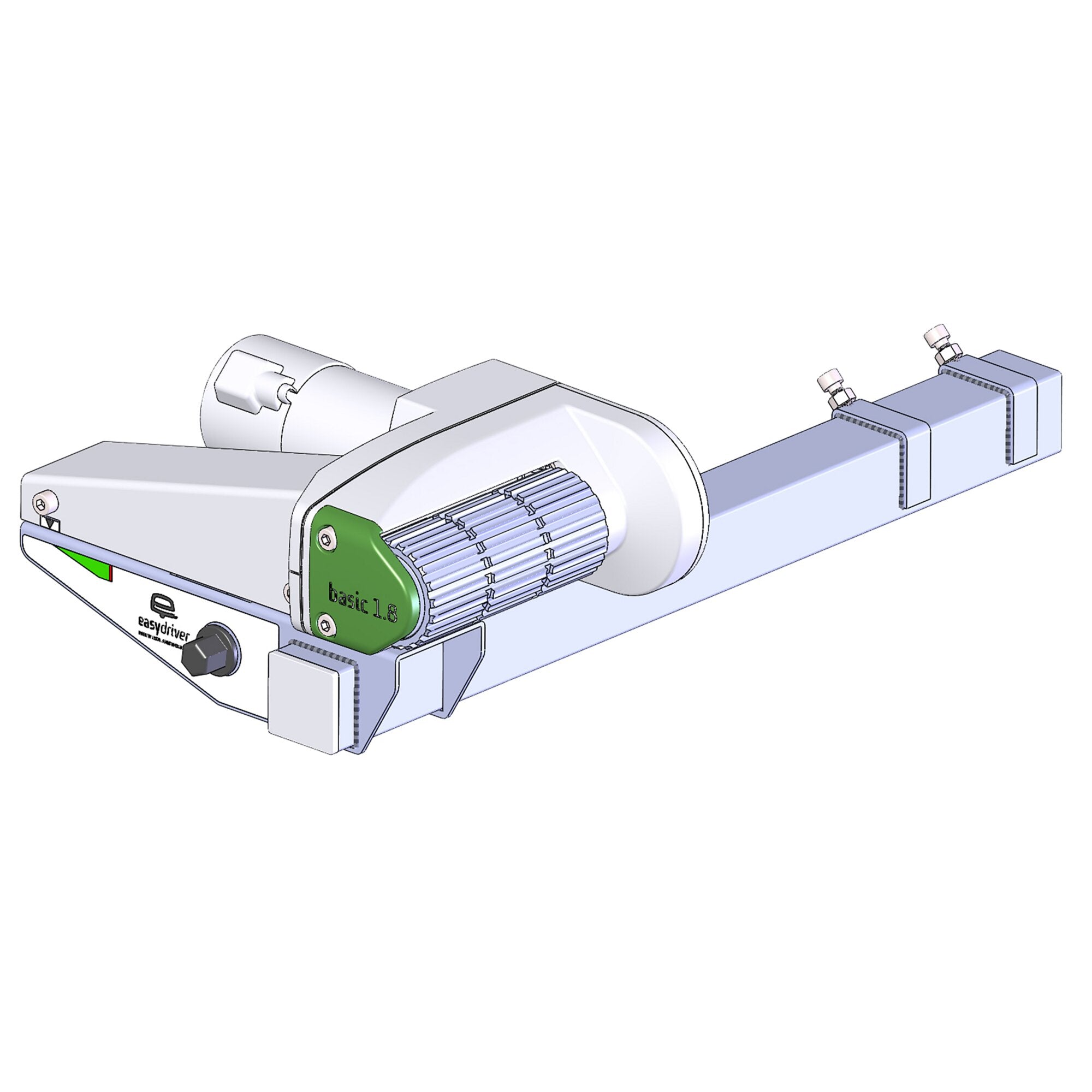 Schrägansicht einer easydriver basic 1.8 Motor-Getriebeeinheit rechts, montiert auf einer grauen Grundplatte; sichtbar sind das Getriebegehäuse, der grüne Enddeckel mit der Bezeichnung basic 1.8 sowie ein daneben montiertes blaues Kühl-/Gehäusemodul mit A