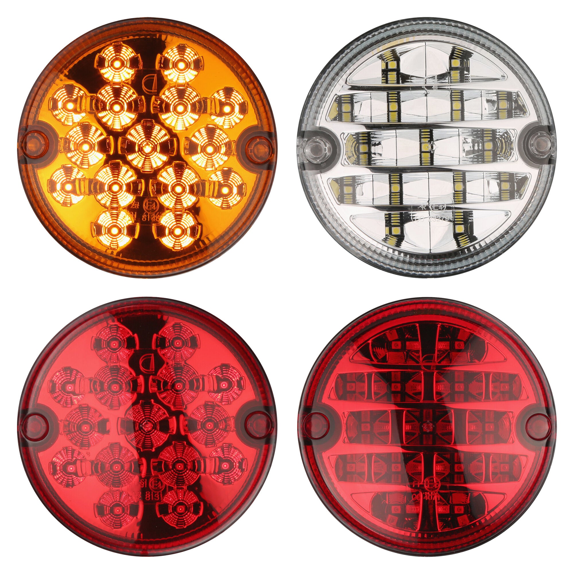 Vier runde LED-Heckleuchten, oben links orange Blinkleuchte, oben rechts klare Leuchte mit LED-Streifen, unten rote Rückleuchten