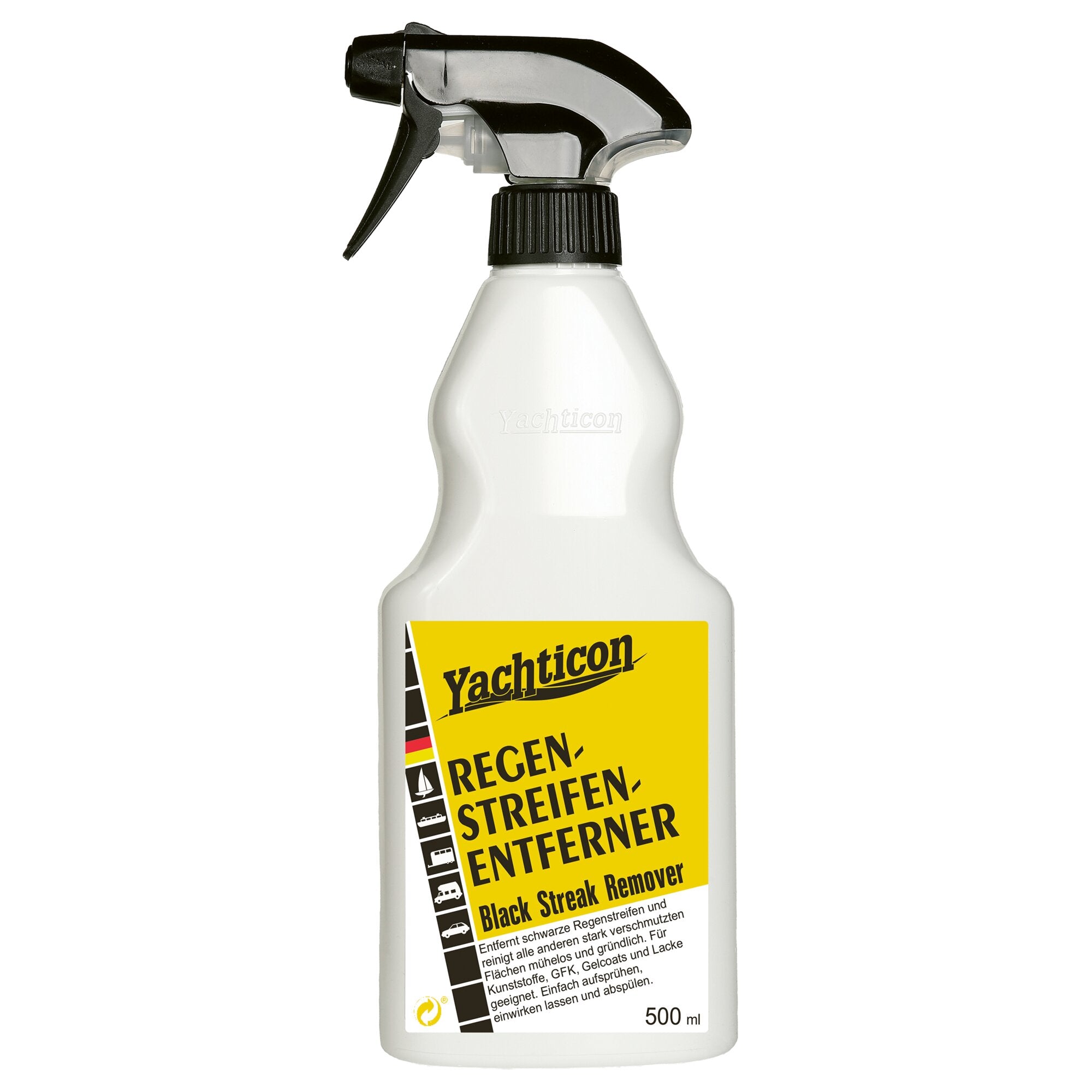 Nahaufnahme einer weißen Sprühflasche mit schwarzem Auslöser, Gelb-Etikett mit dem Markennamen Yachticon und dem Schriftzug Regenstreifenentferner