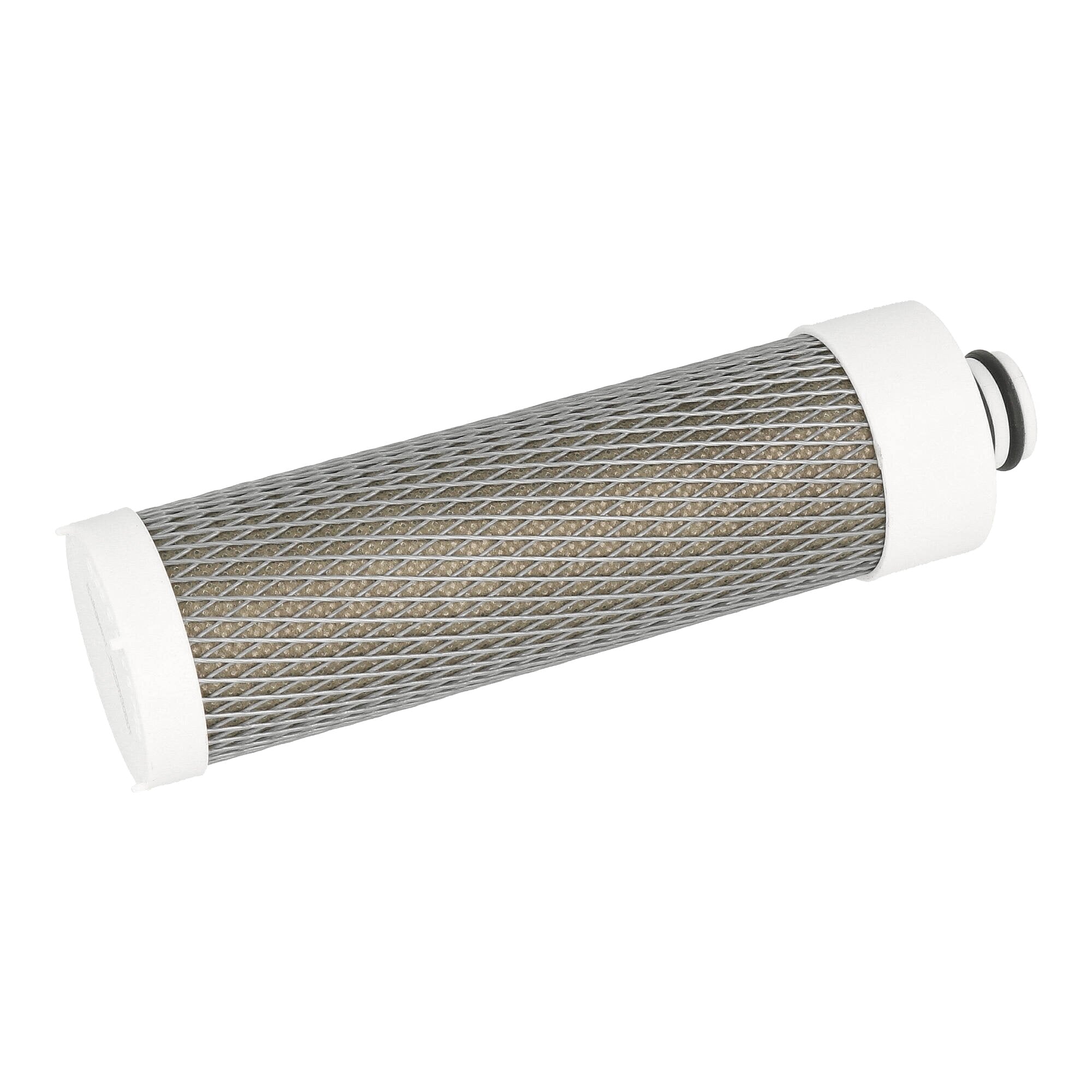 Kalkguard Edelstahl-Kalkabsorber Wasserfilterkartusche mit Metallgitter und weißen Endkappen