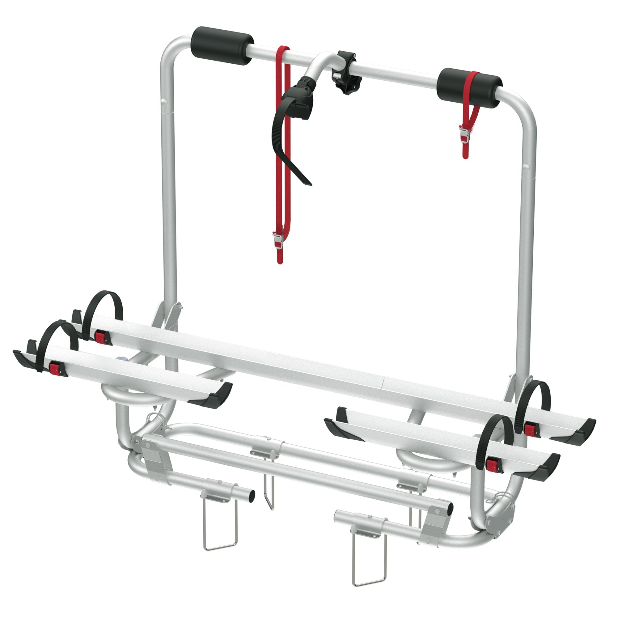 Silberner Deichselträger Carry-Bike Caravan XL A Pro 200 mit roten Spanngurten, schwarzen Halteclips und Fahrradhalterungen am unteren Rahmen
