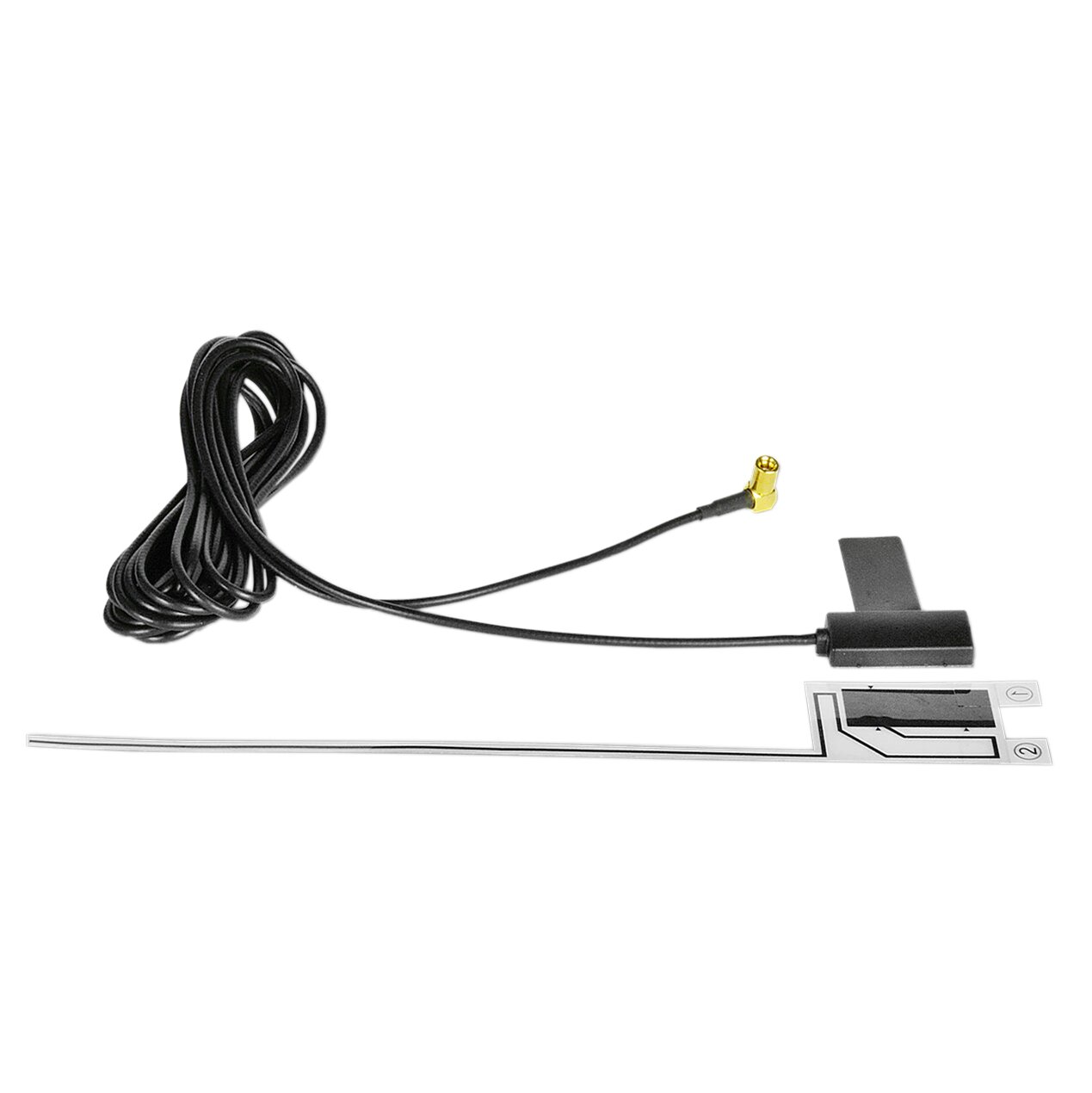 Schwarze DAB+ Scheibenantenne mit langem Koaxkabel, goldfarbenem SMB-Stecker, kleinem Gehäuse und einer dünnen silbernen Antennenleiste