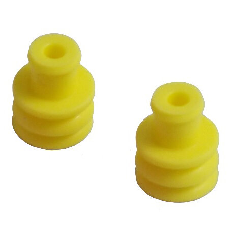 Zwei gelbe Superseal-Dichtungen in zylindrischer Form mit Rippen und hohlem Innenkanal, geeignet für 1,8–2,4 mm² Leitungsquerschnitt